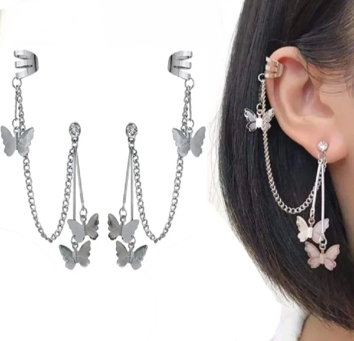 Pair of Ear cuff Earrings butterfly chain