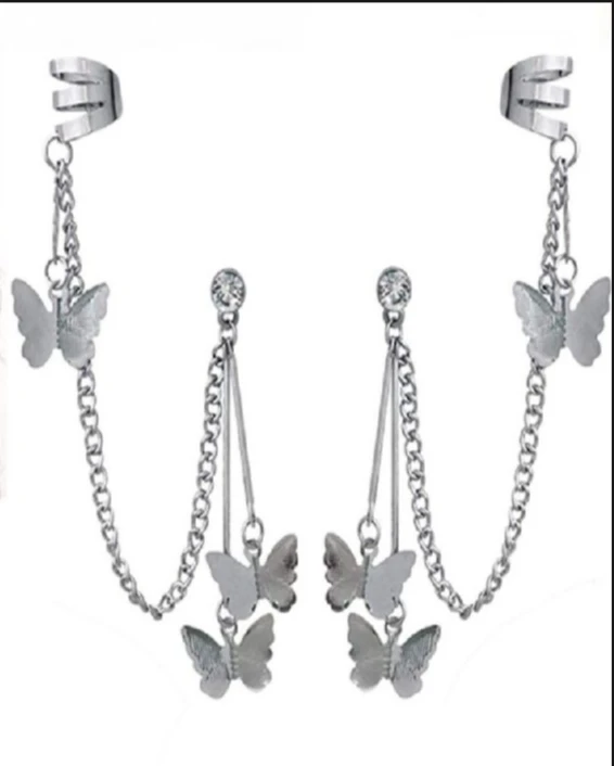 Pair of Ear cuff Earrings butterfly chain