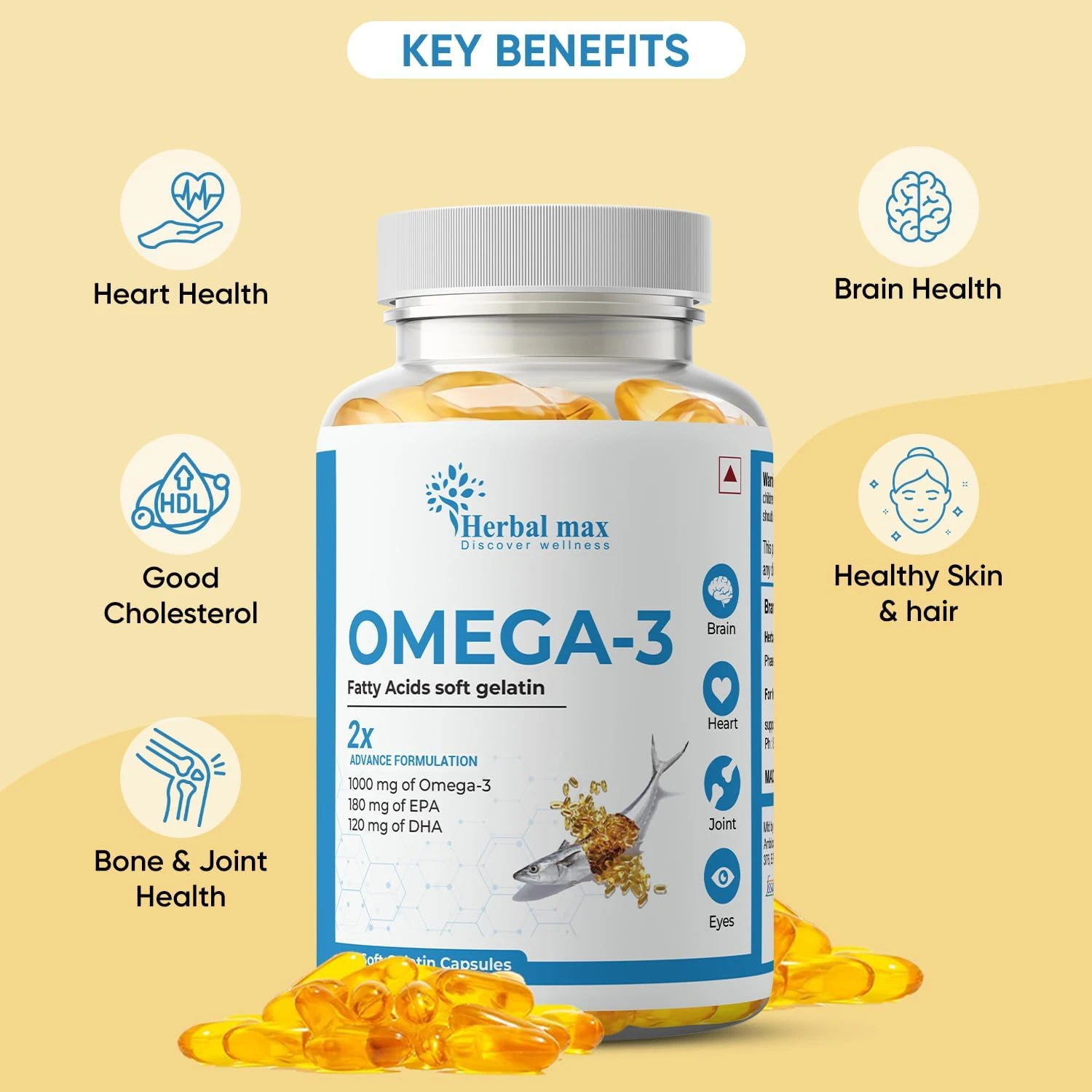 Herbal max Omega -3 Fish Oil Capsule For Men And Women (1000mg Omega 3 with 180 