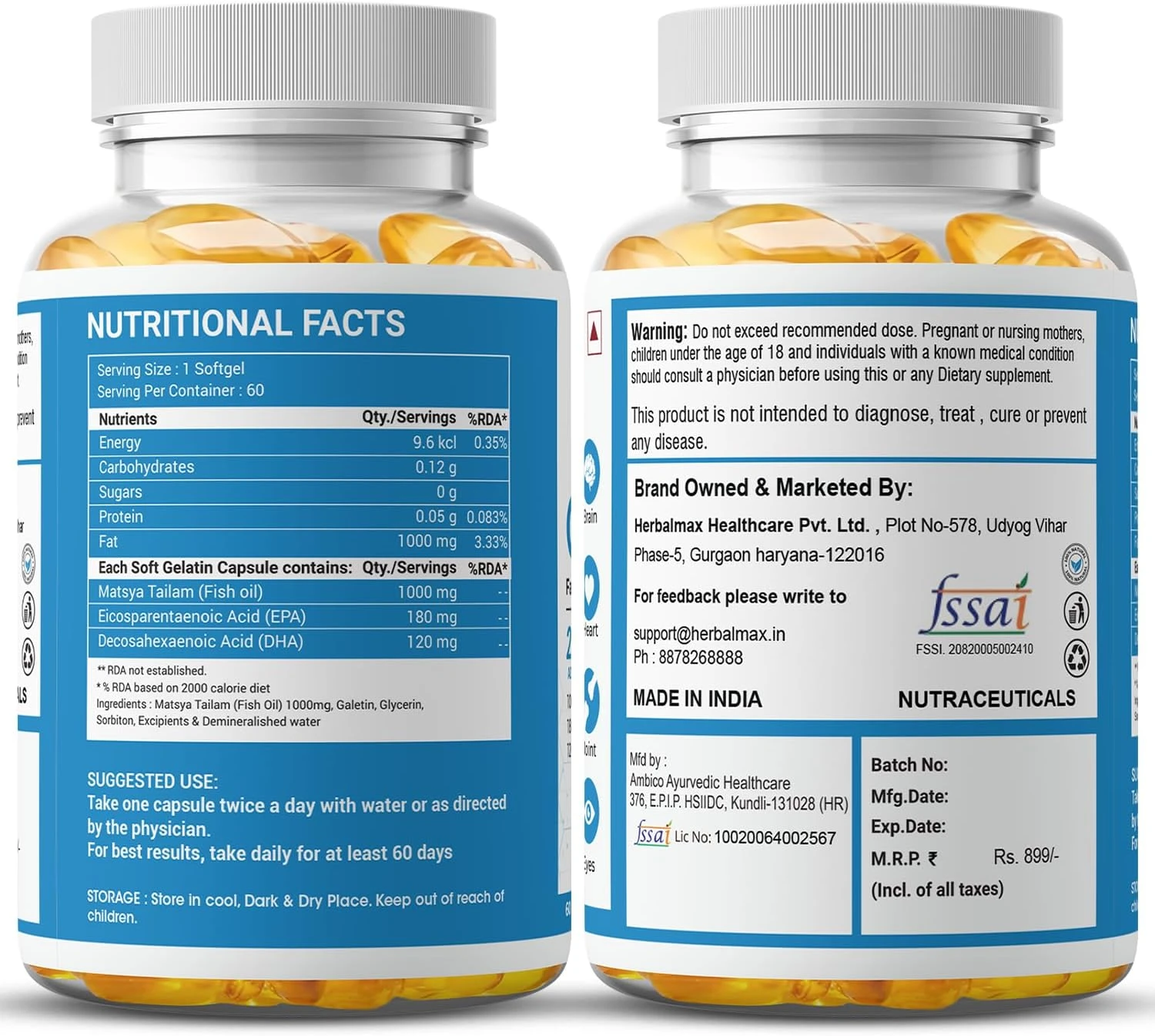 Herbal max Omega -3 Fish Oil Capsule For Men And Women (1000mg Omega 3 with 180 