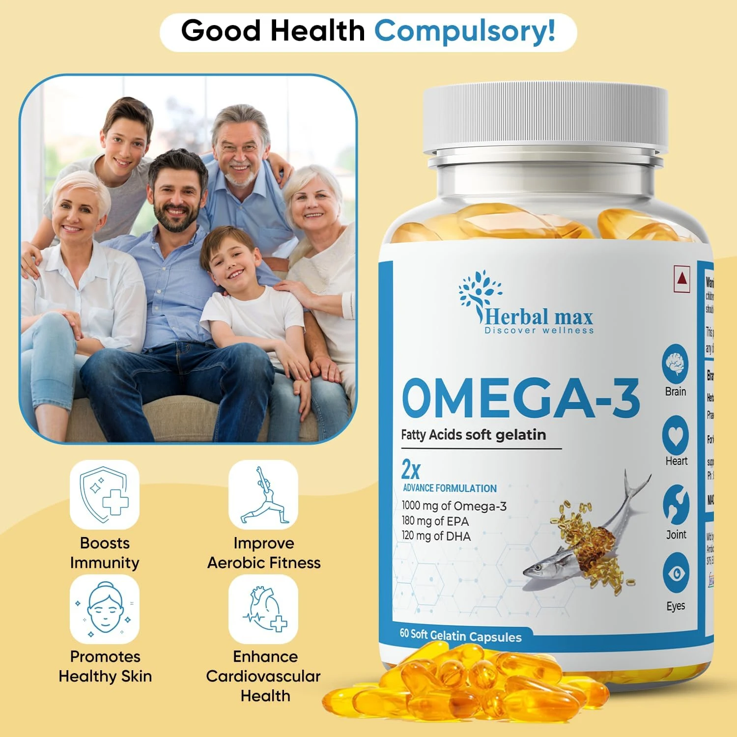 Herbal max Omega -3 Fish Oil Capsule For Men And Women (1000mg Omega 3 with 180 