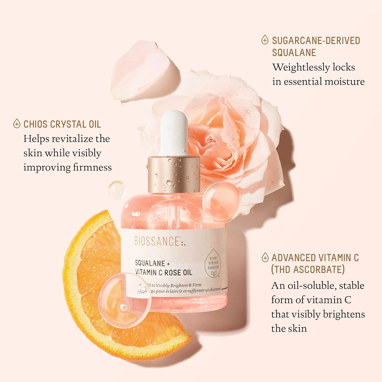 BIOSSANCE Squalane and Vitamin C Rose Oil. Facial Oil to Visibly Brighten, Hydra