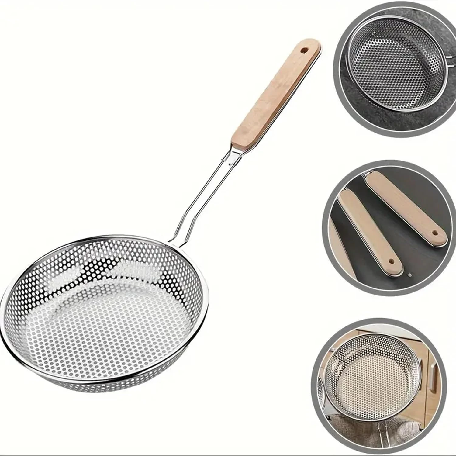 Stainless Steel Fine Mesh Kitchen Strainer with Wooden Handle – Ideal for Soup, 