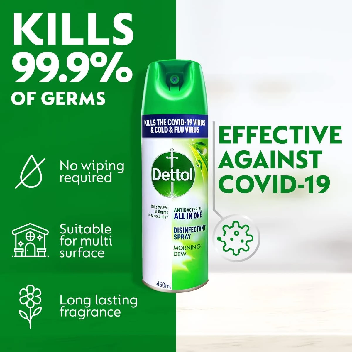 Dettol All in One Disinfectant Spray, Morning Dew Scent, 450ml