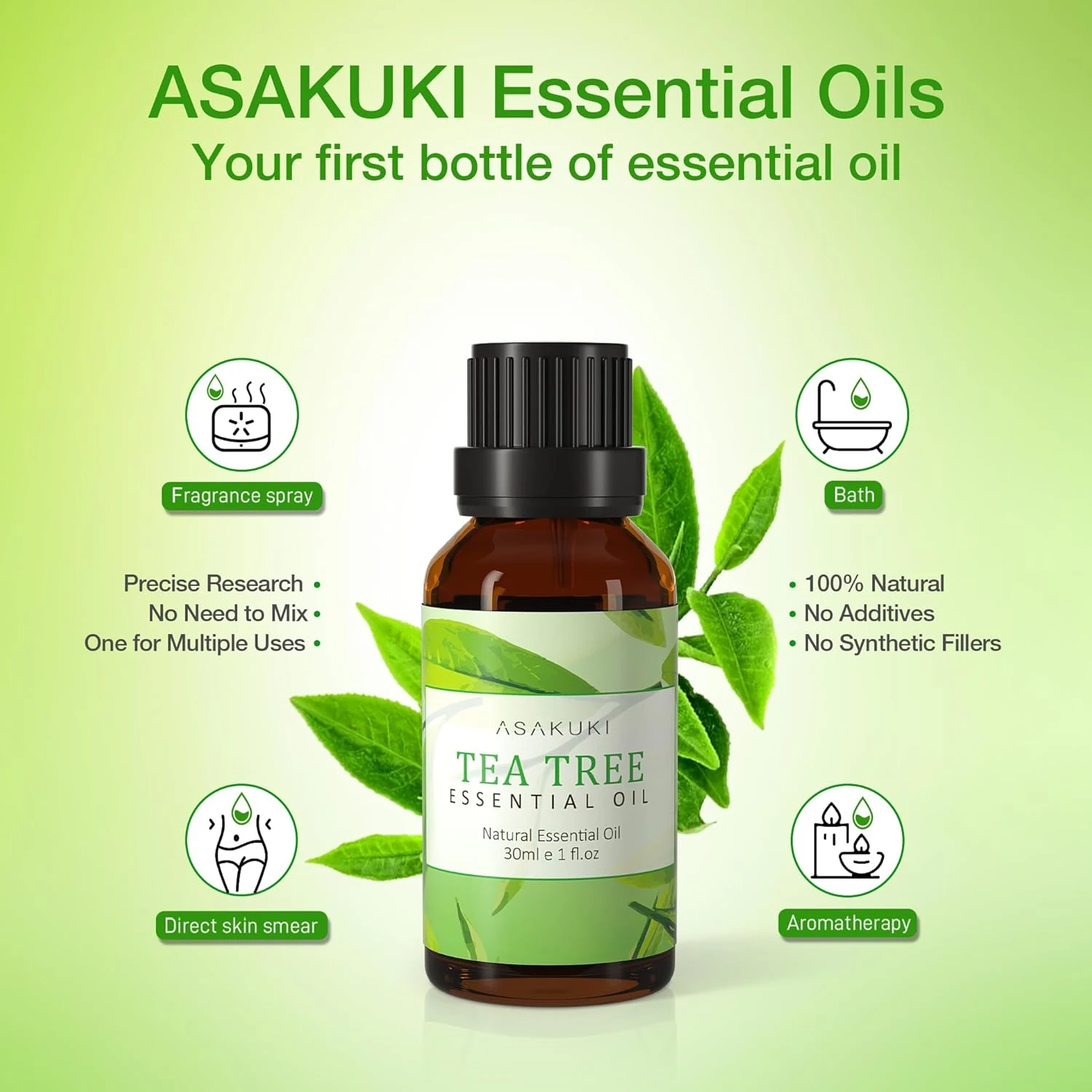 ASAKUKI Tea Tree Essential Oils 30ml, 100% Natural Therapeutic Grade, Aromathera