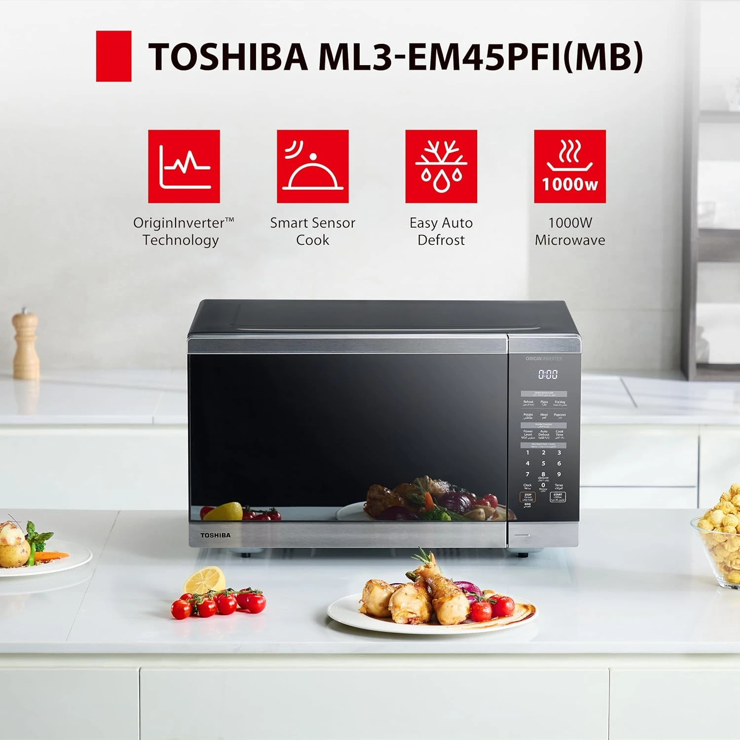 TOSHIBA 45L Microwave Oven 1000W,10 Power Levels Output, 55.5dB* Quiet Operation