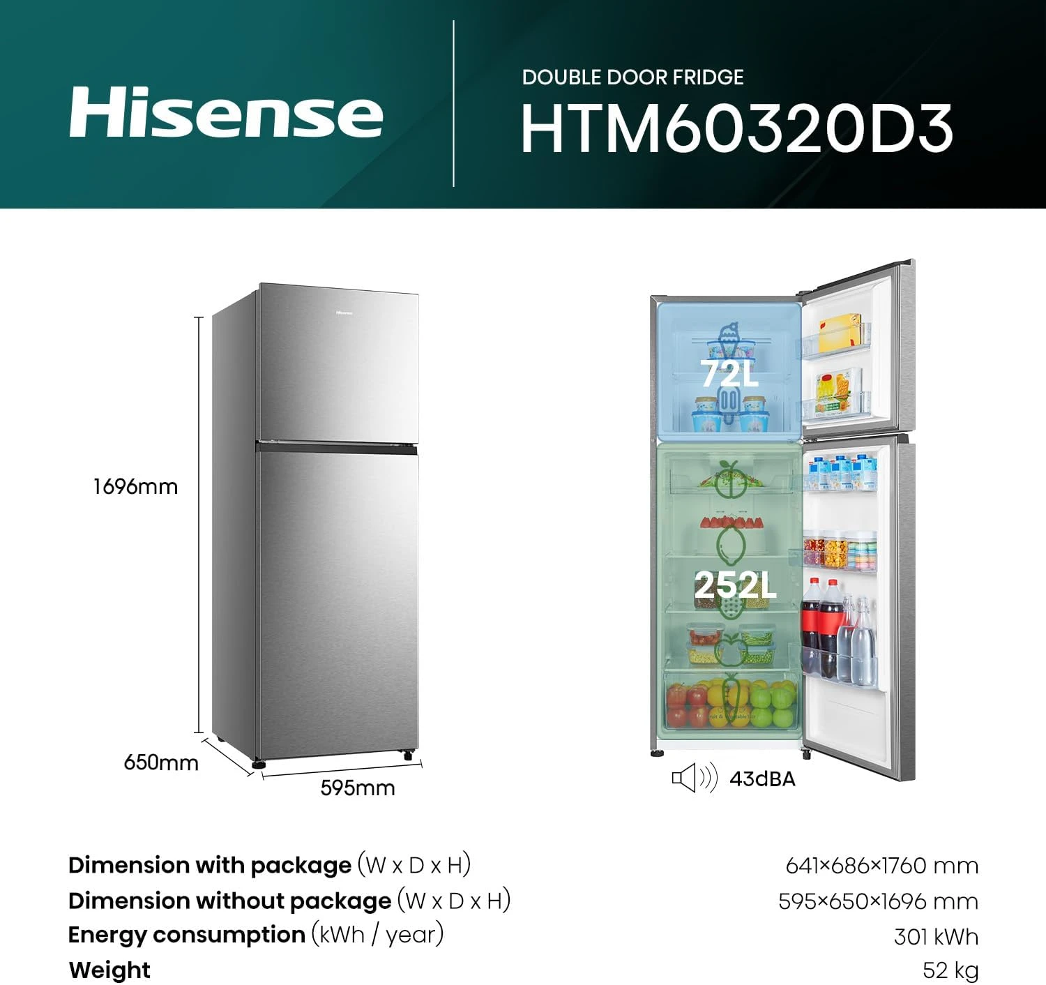 Hisense HTM60320D3, 418 Litres Top Mount Refrigerator with Inverter Compressor, 