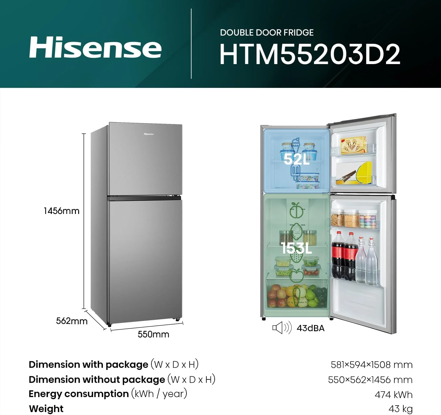Hisense HTM55203D2, 264 Litres Gross, Top Mount Refrigerator, No Frost Technolog