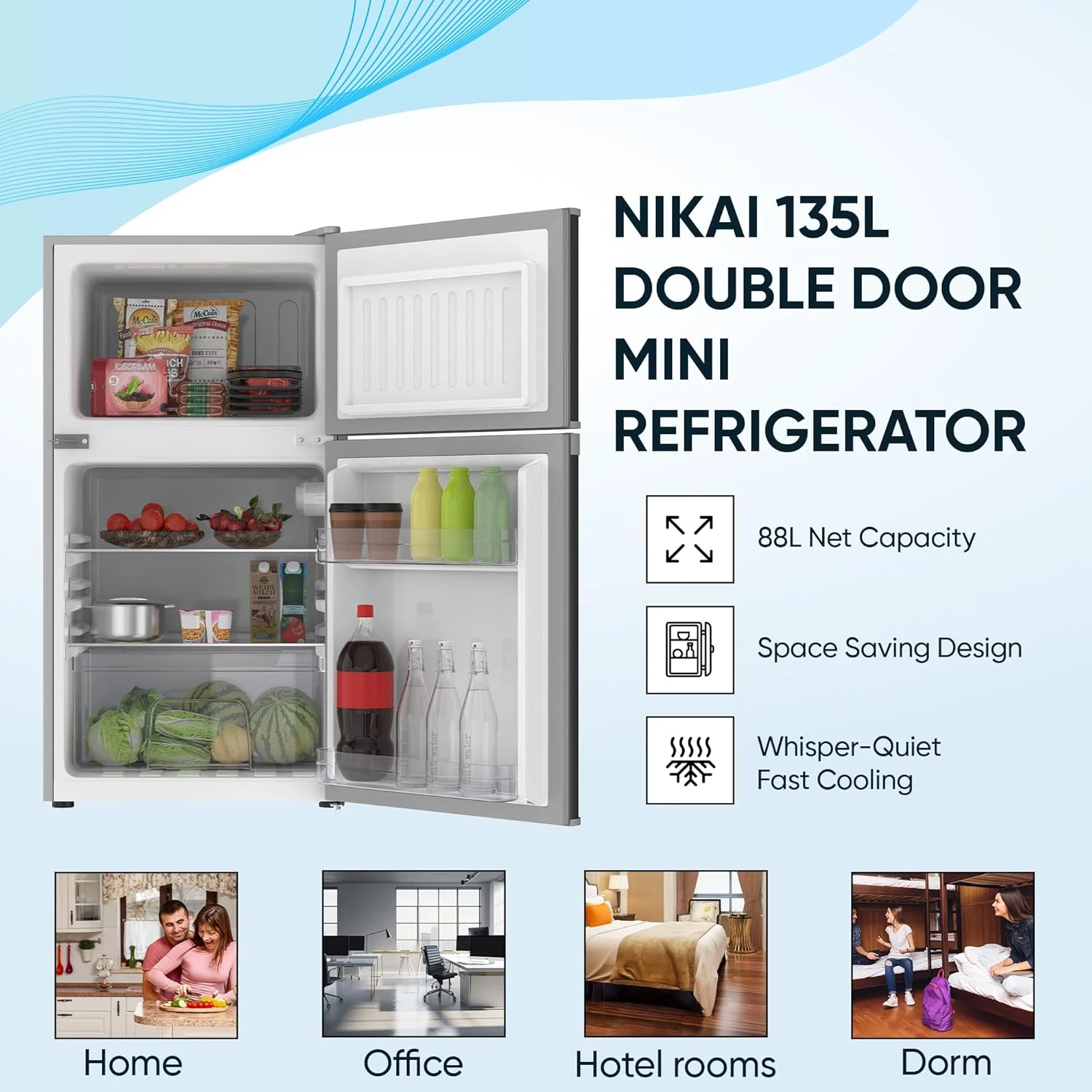 Nikai 135L Gross/88L Net, Small Double Door Mini Refrigerator with Vegetable Cri