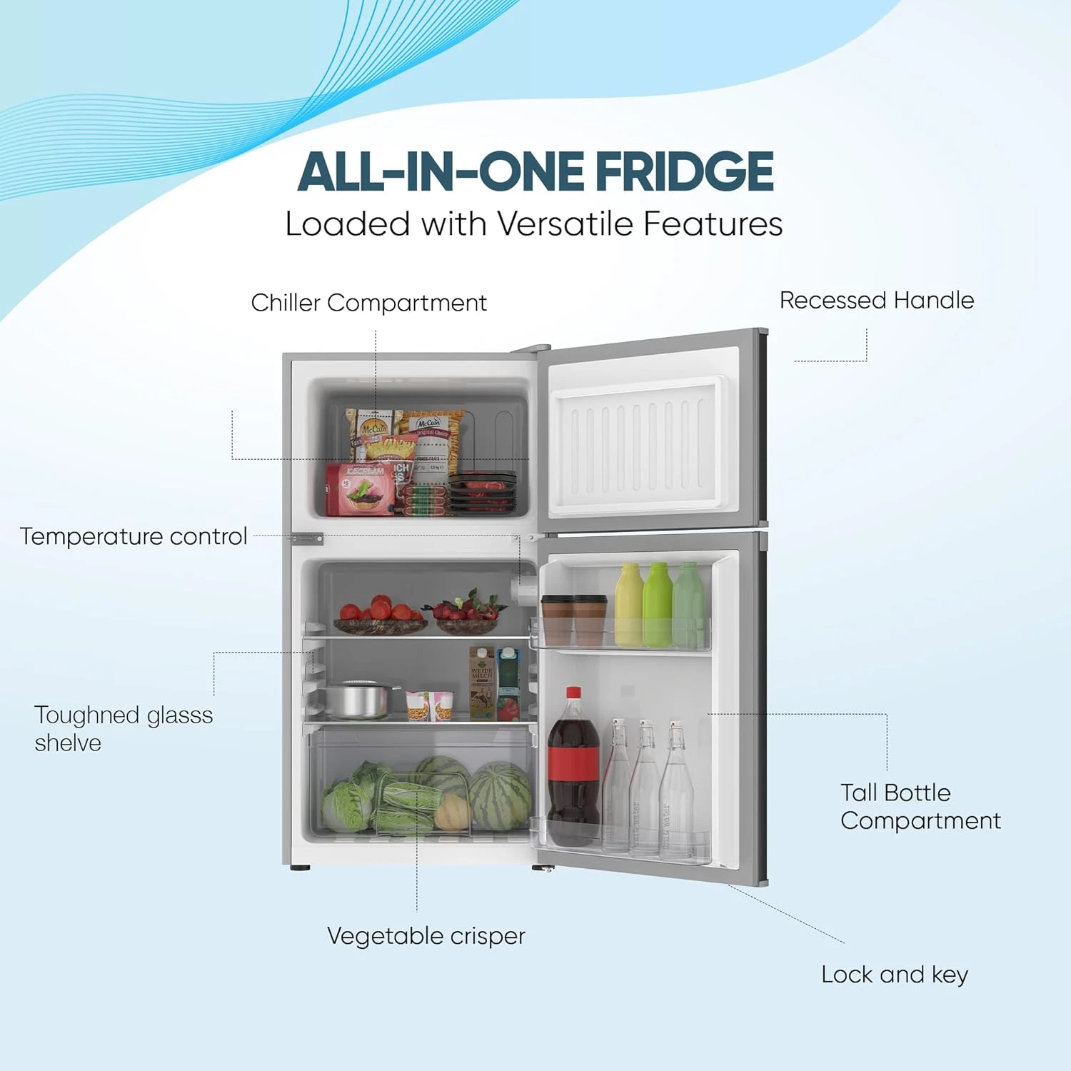 Nikai 135L Gross/88L Net, Small Double Door Mini Refrigerator with Vegetable Cri