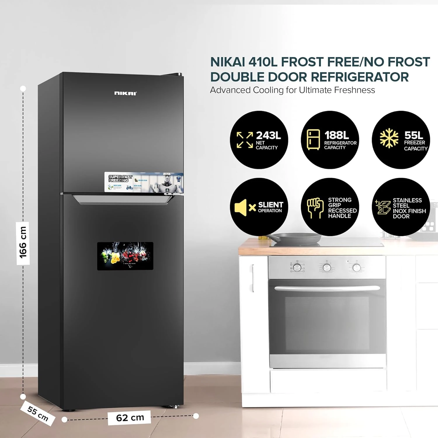 Nikai 410L No-Frost Double Door Refrigerator, with Vegetable Crisper and Adjusta