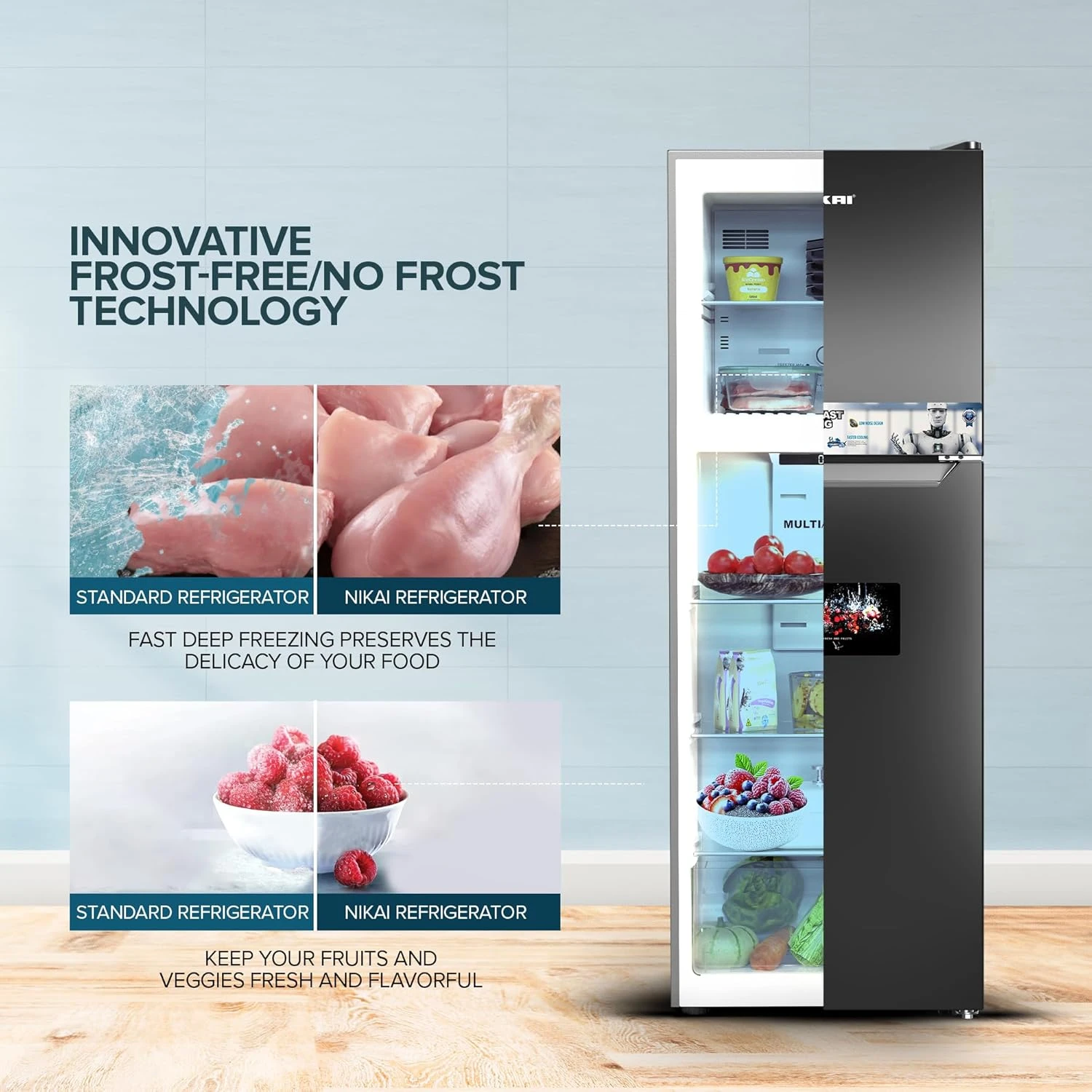 Nikai 410L No-Frost Double Door Refrigerator, with Vegetable Crisper and Adjusta