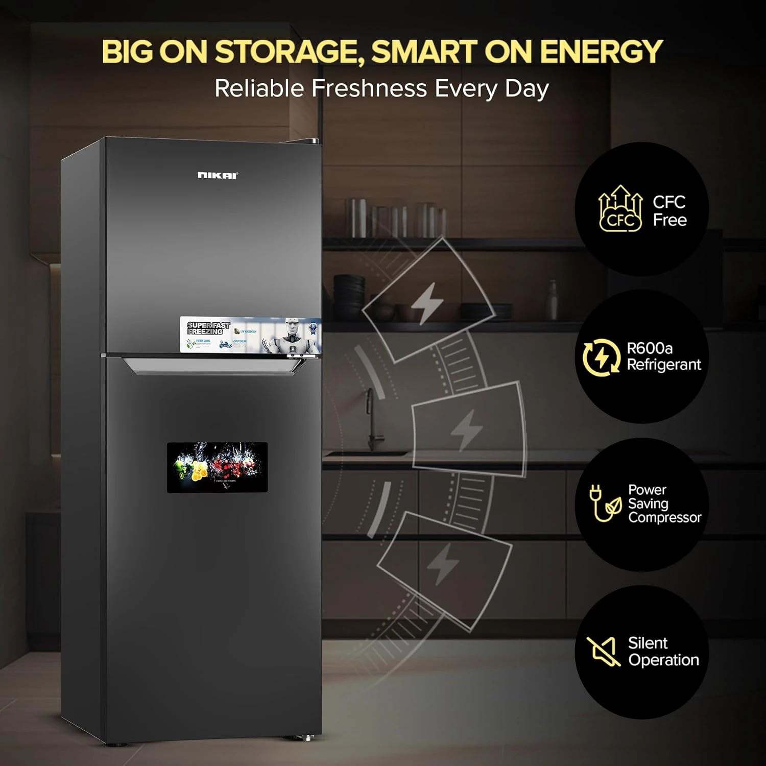 Nikai 410L No-Frost Double Door Refrigerator, with Vegetable Crisper and Adjusta