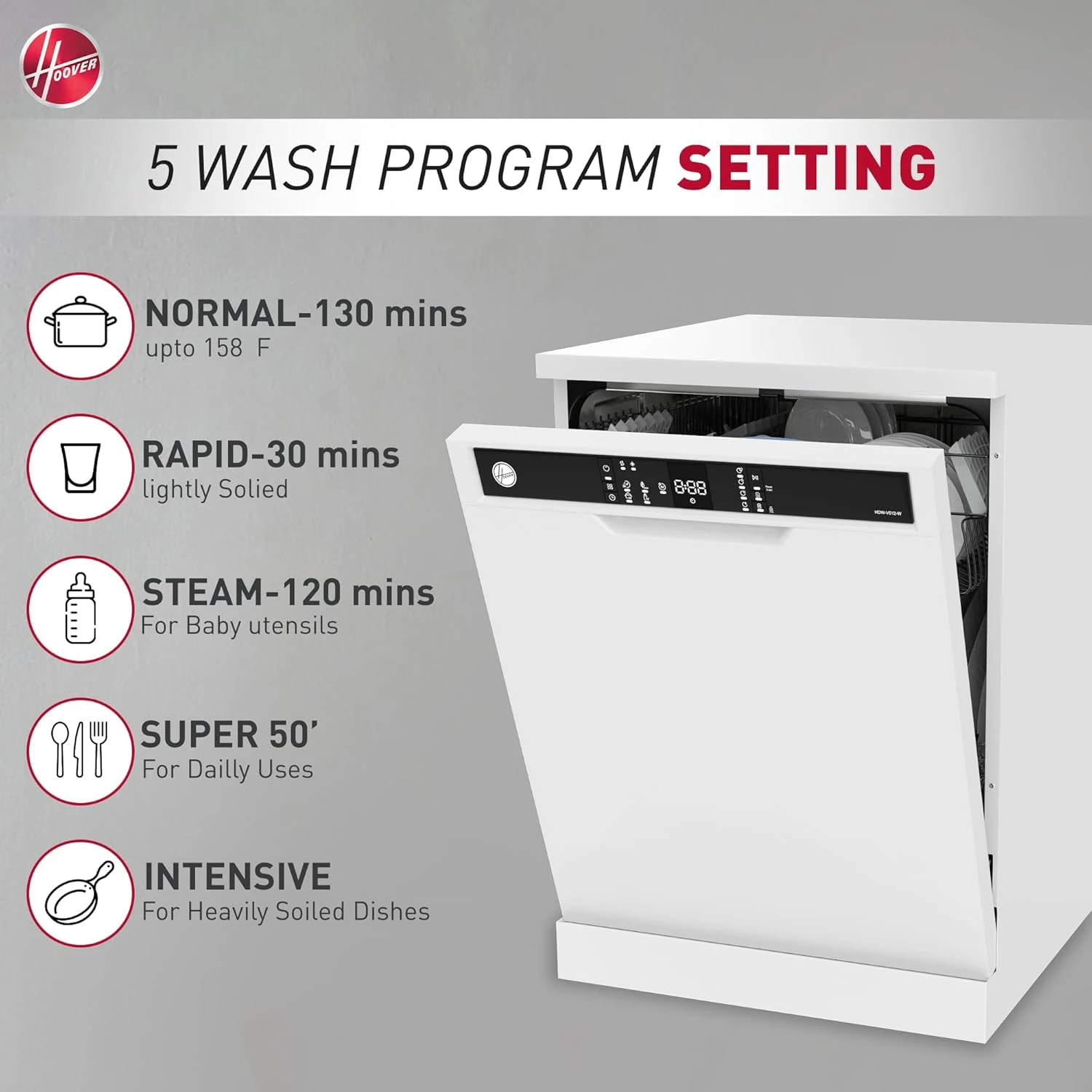 Hoover Freestanding Dishwasher, 12 Place Settings, 5 Programs, Push Button, Dela