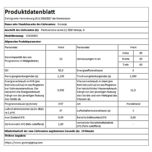 Gorenje 12 Place Settings Freestanding Dishwasher, Stainless Steel, Gs62040S"Min