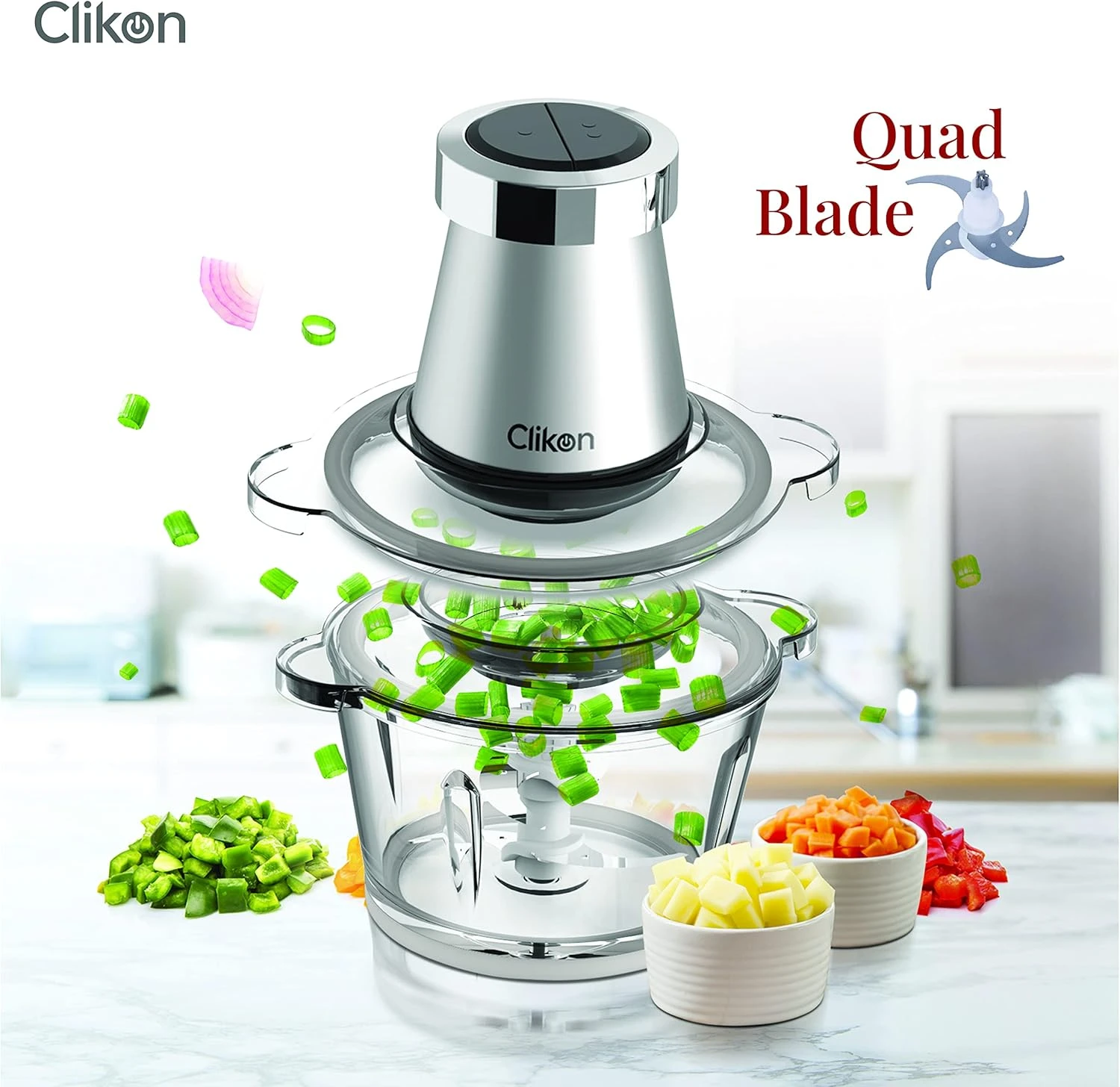 Clikon 2 Litre Electric Food Chopper/Meat Processor with Garlic Skin Peeler Atta