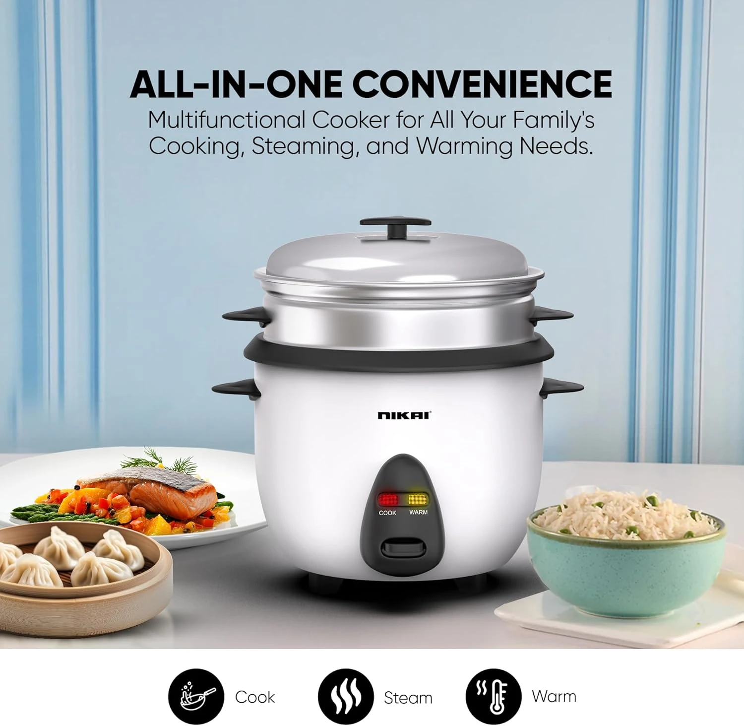 Nikai 1L 400W 2-in-1 Non-Stick Electric Rice Cooker With Steamer, Multicooker, C