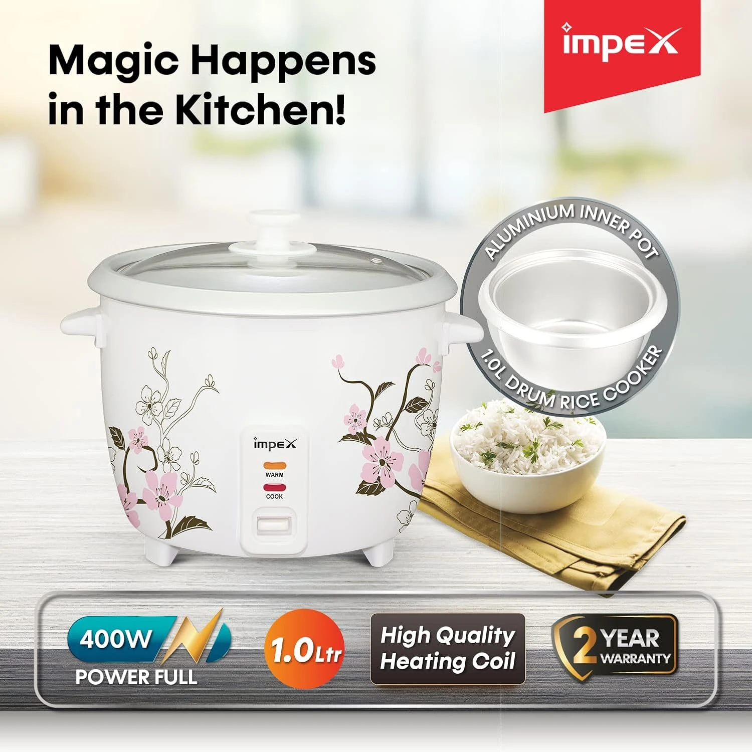Impex RC 2801 400W 1 Litre Automatic Electric Rice Cooker with Aluminium Inner p