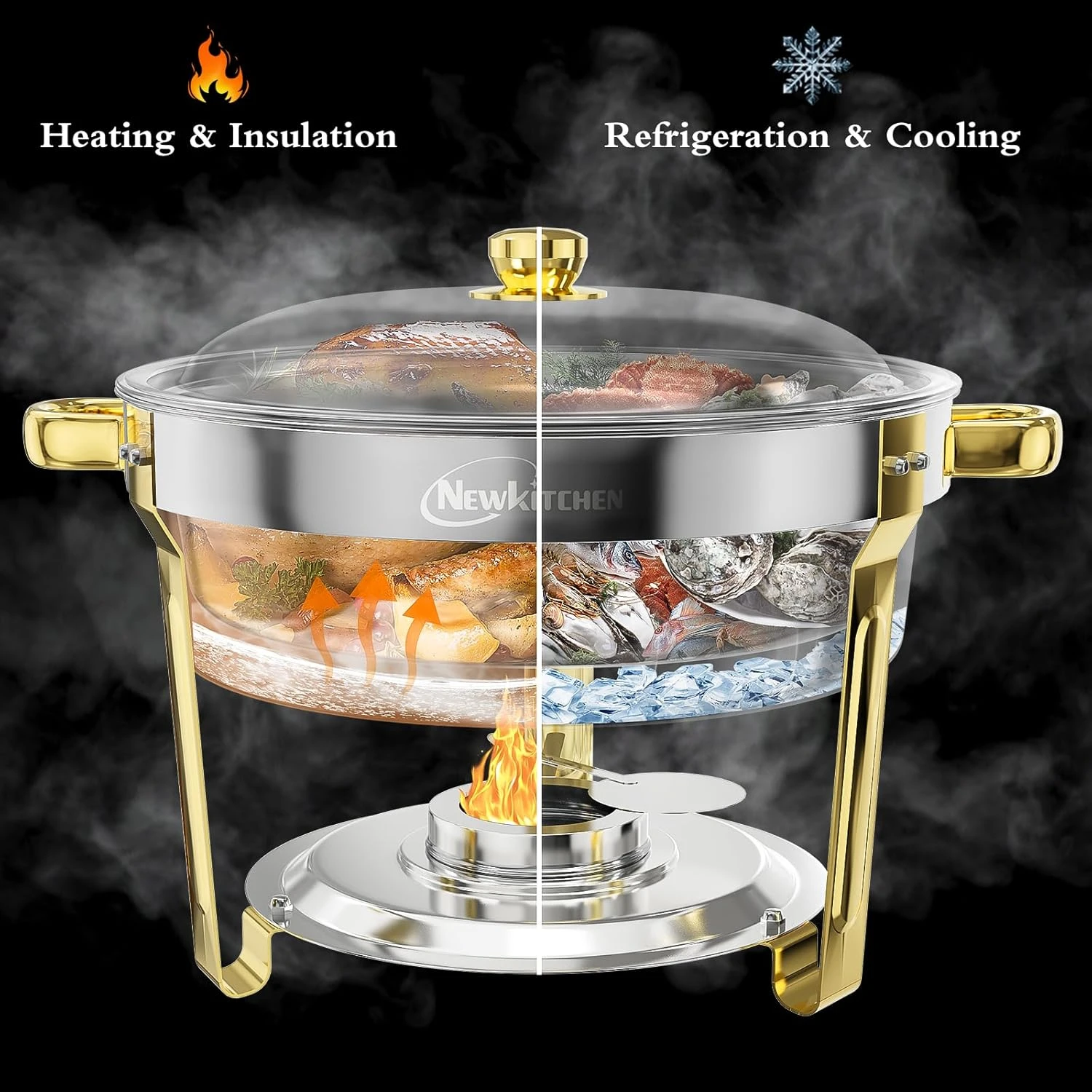 NEWKITCHEN 6QT Round Chafing Dish – Elegant Gold and Silver Stainless Steel Buff
