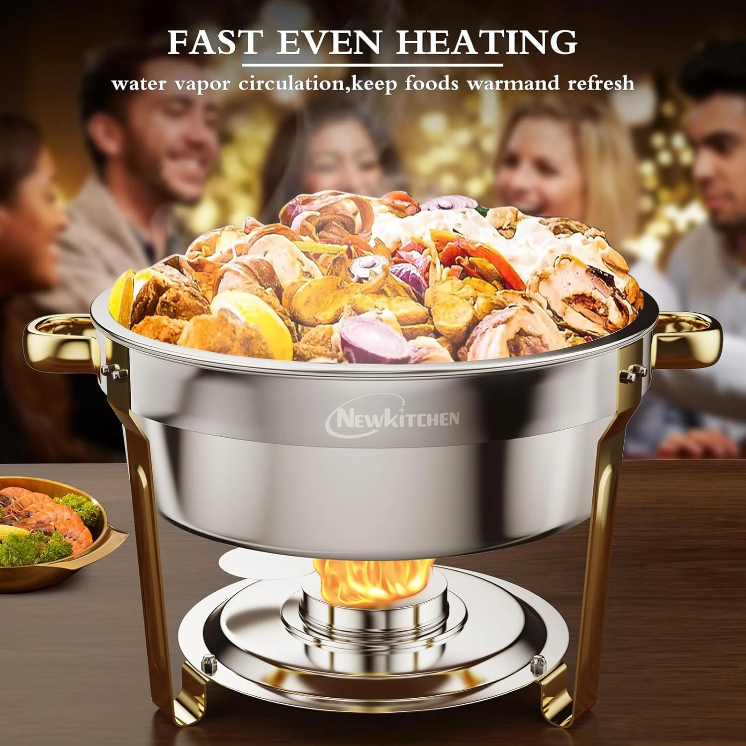 NEWKITCHEN 6QT Round Chafing Dish – Elegant Gold and Silver Stainless Steel Buff