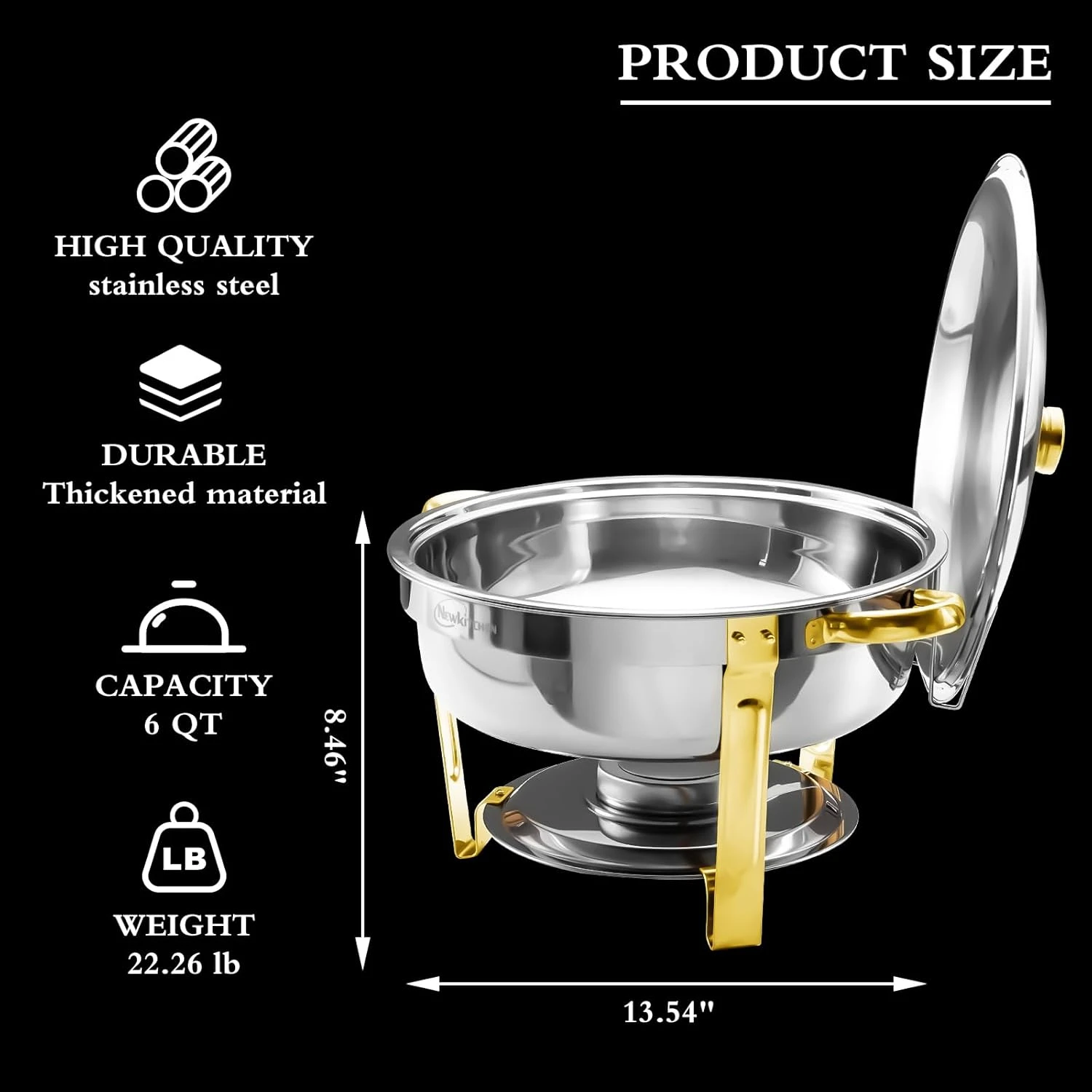 NEWKITCHEN 6QT Round Chafing Dish – Elegant Gold and Silver Stainless Steel Buff