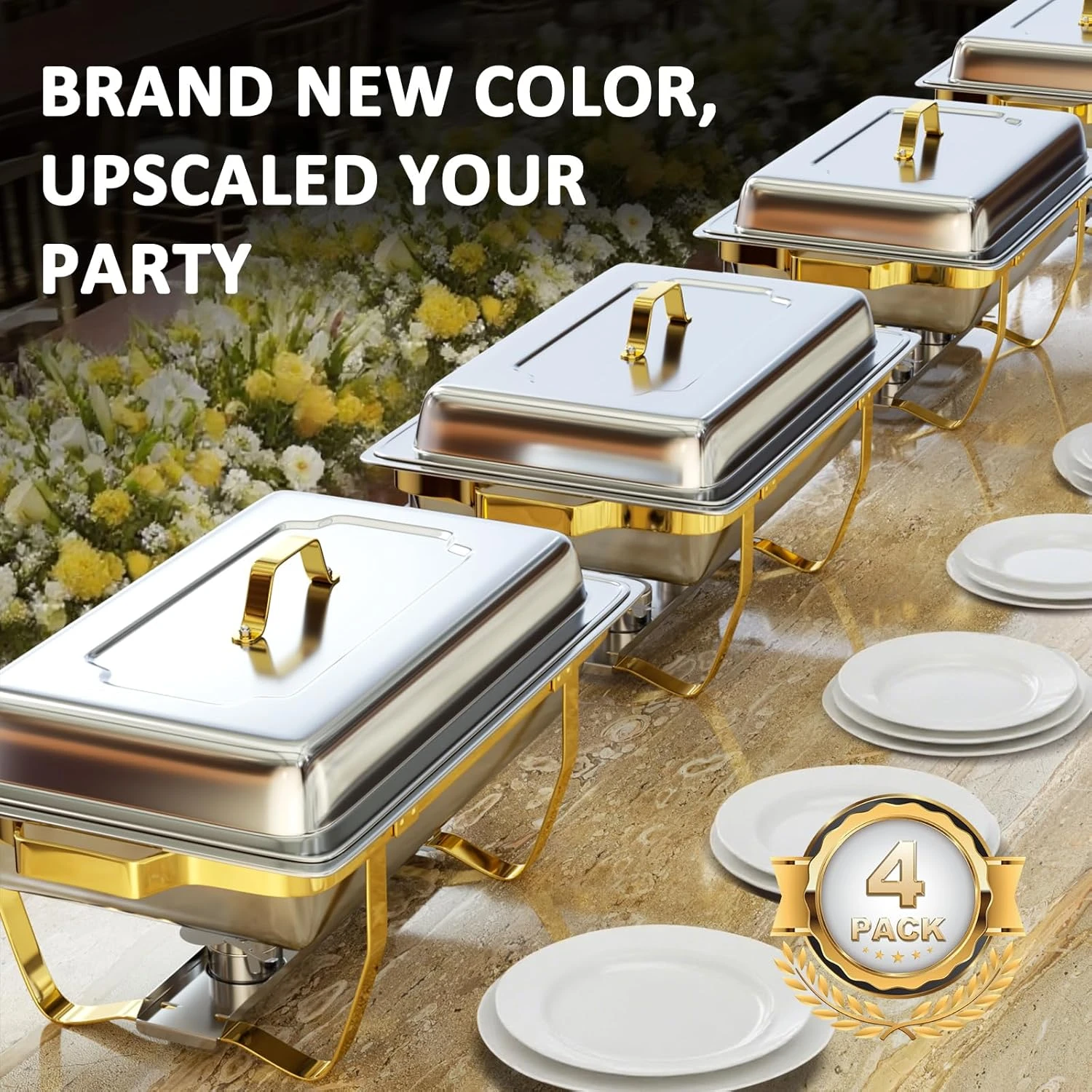 Chafing Dishes for Buffet 4 Pack 7pan, 9QT [Elegant Gold and Silver Colors] Stai