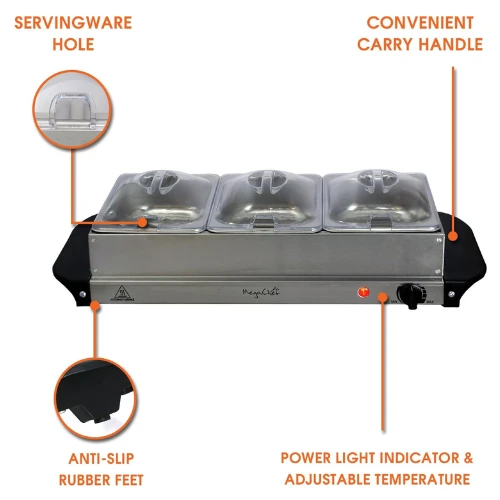 MegaChef Buffet Server & Food Warmer With 3 Removable Sectional Trays, Heated Wa