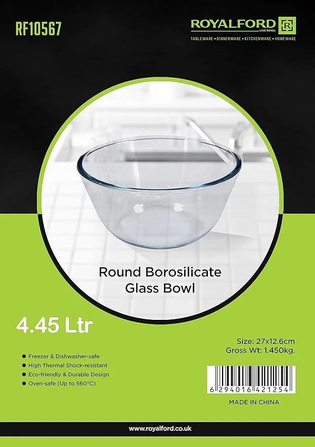 RoyalFord Round Borosilicate Glass Bowl, 4.45L Serving, RF10567 Large Clear Eco