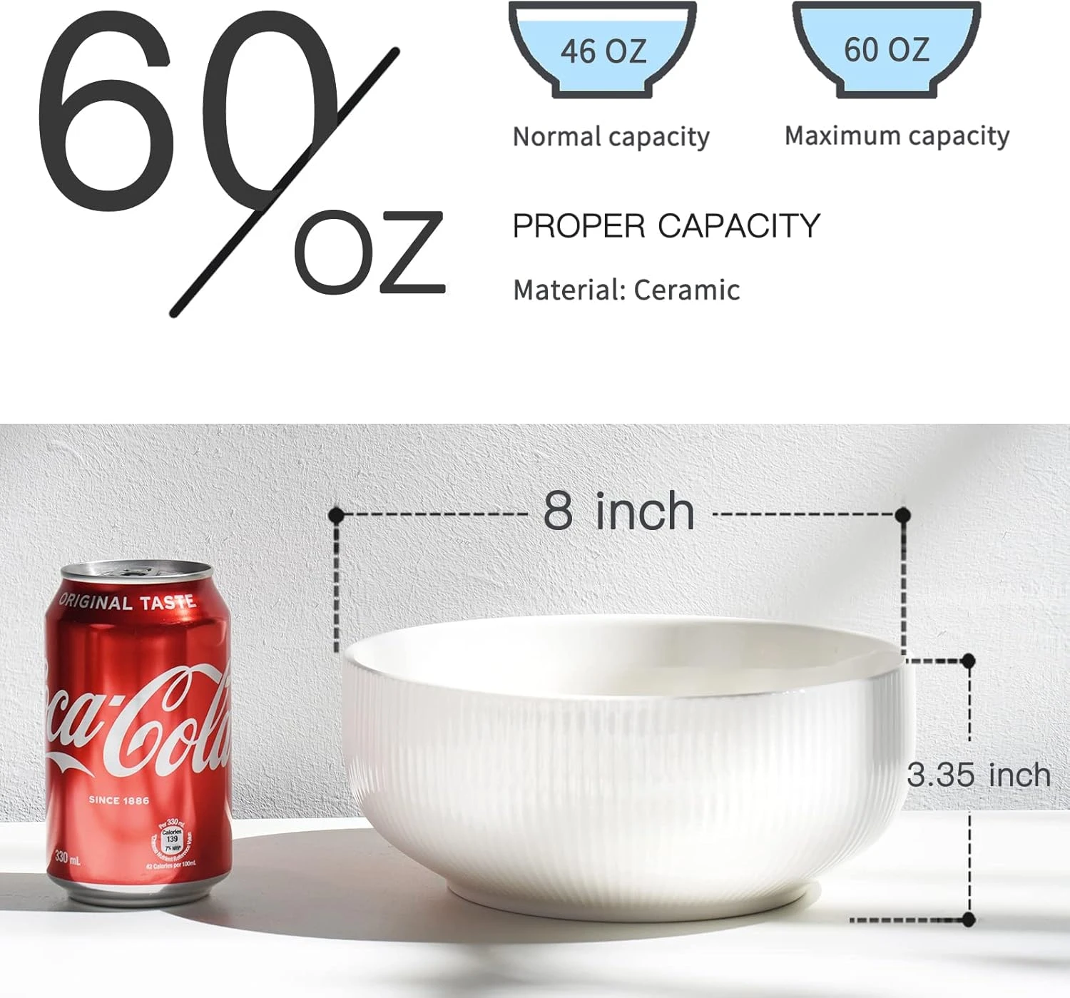 getstar 8-Inch Ceramic Salad Bowl – 60 oz Large Serving Bowl for Fruit, Soup, Pa