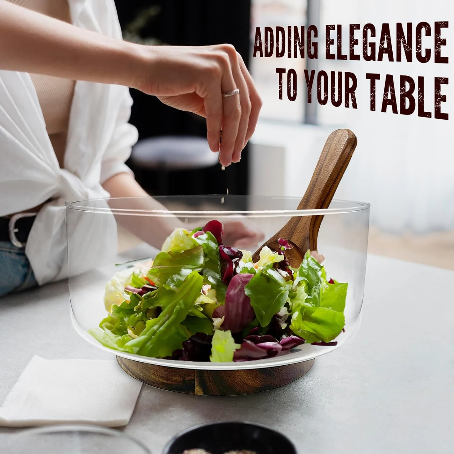 AZ-Homey Large Glass Salad Bowl Set with Acacia Wood Base and Serving Set Utensi