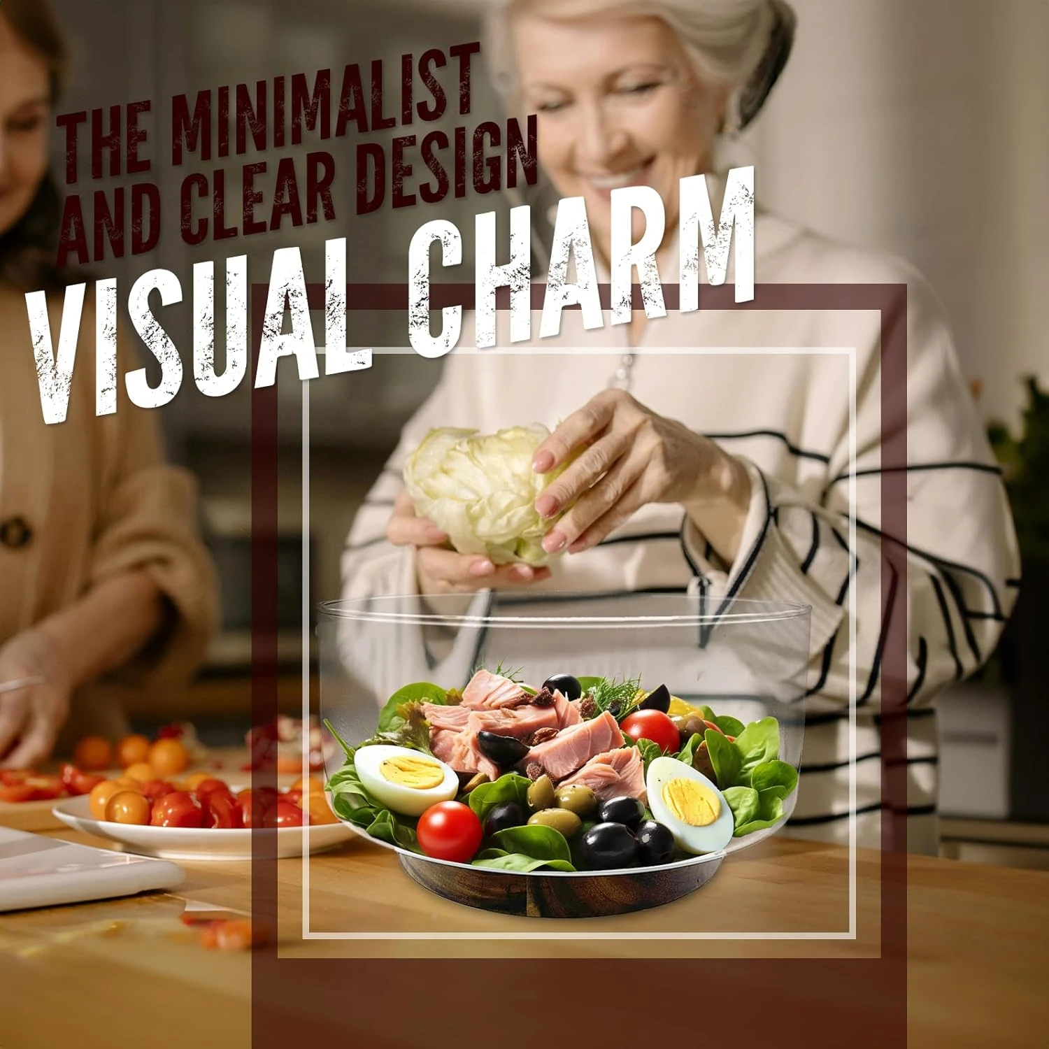 AZ-Homey Large Glass Salad Bowl Set with Acacia Wood Base and Serving Set Utensi