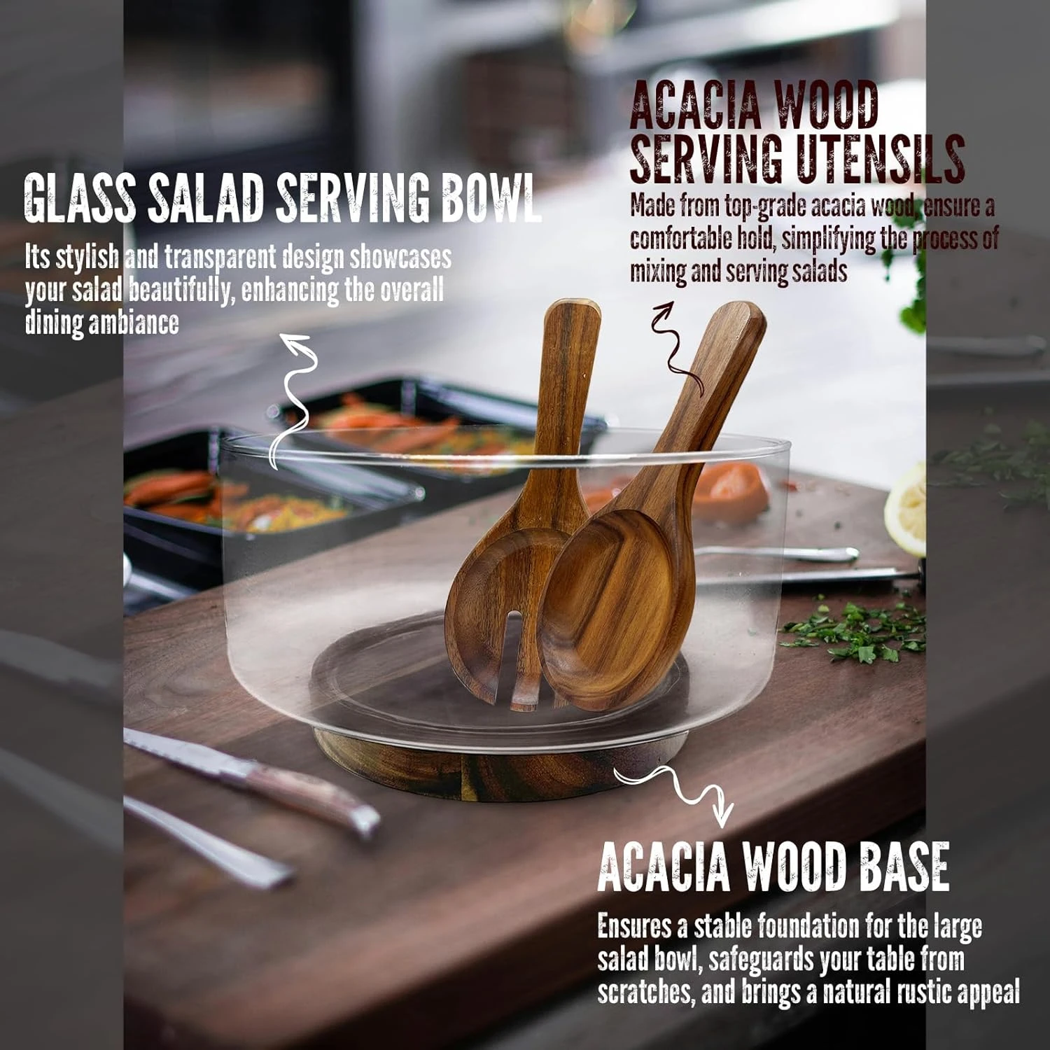 AZ-Homey Large Glass Salad Bowl Set with Acacia Wood Base and Serving Set Utensi