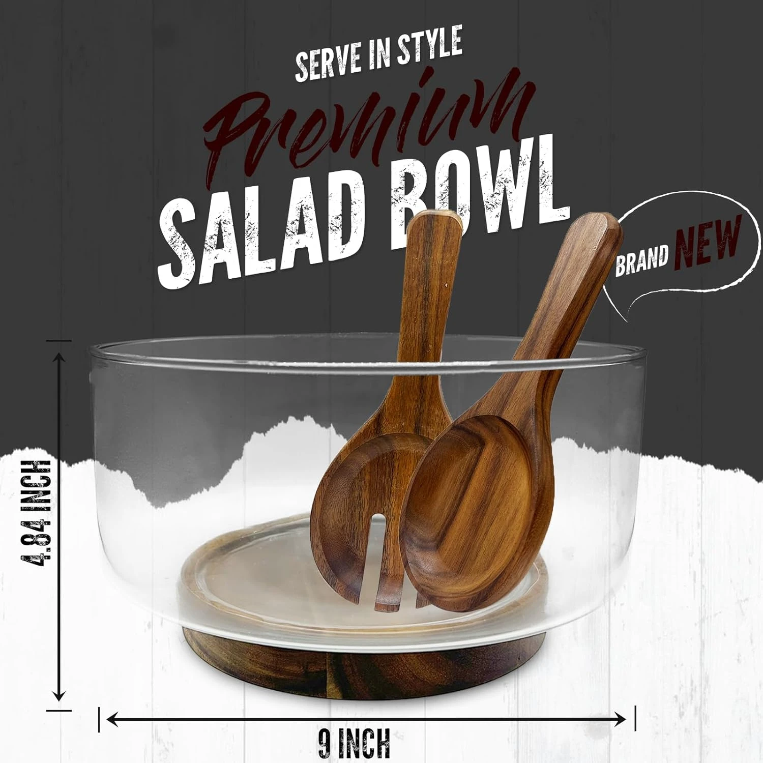 AZ-Homey Large Glass Salad Bowl Set with Acacia Wood Base and Serving Set Utensi