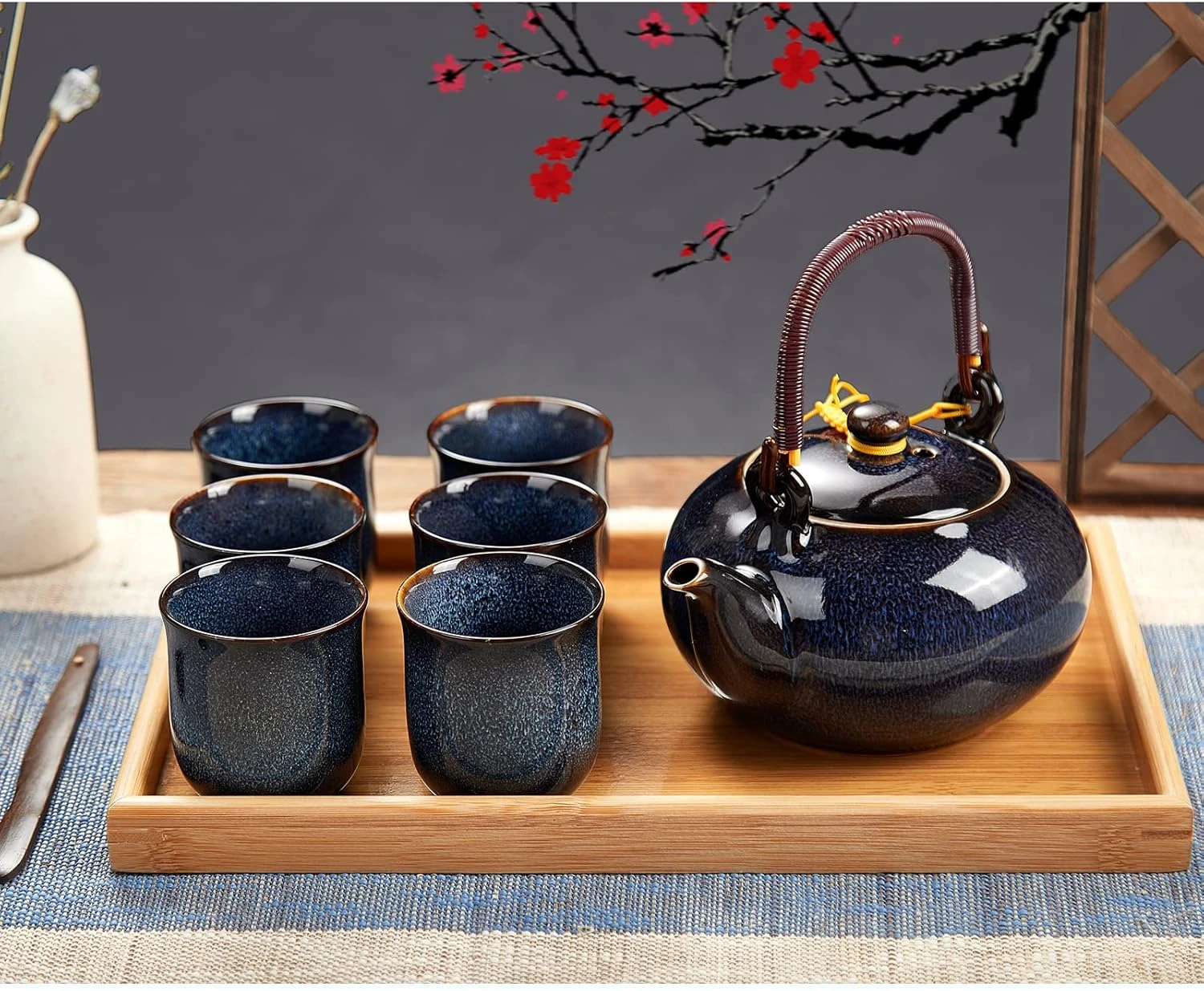 DUJUST Japanese Tea Set for 6, Kiln Altered Glaze Porcelain Tea Set with 1 Teapo