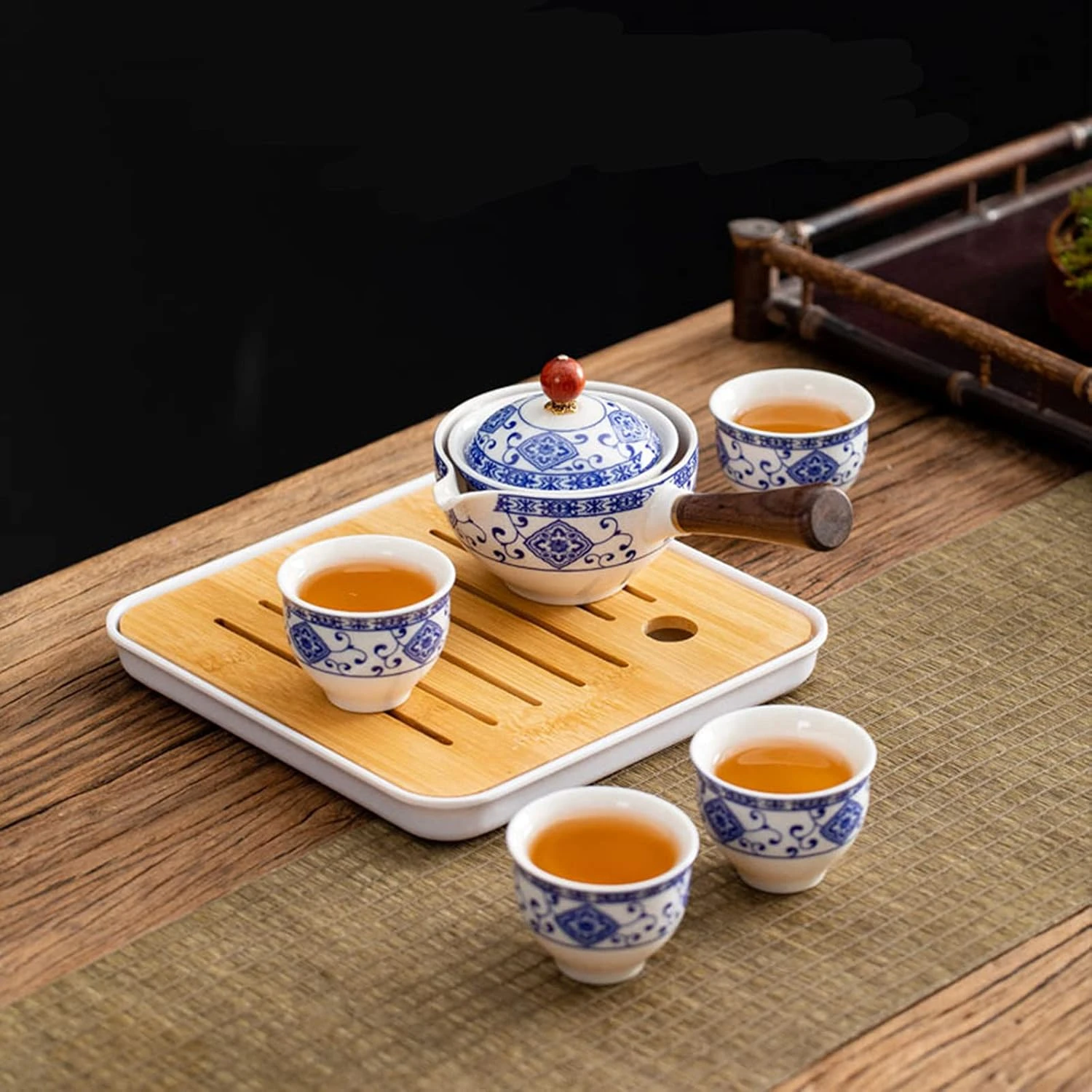fanquare Blue and White Porcelain Portable Travel Tea Set, Handmade Kungfu Tea S