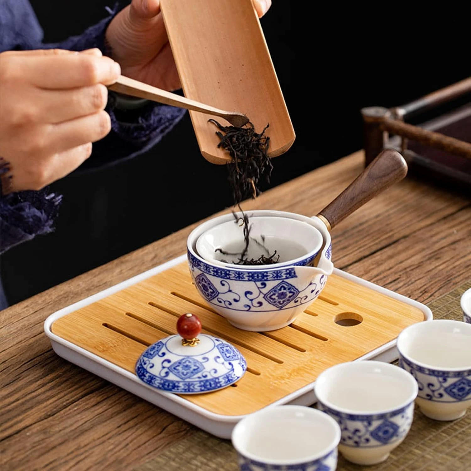 fanquare Blue and White Porcelain Portable Travel Tea Set, Handmade Kungfu Tea S