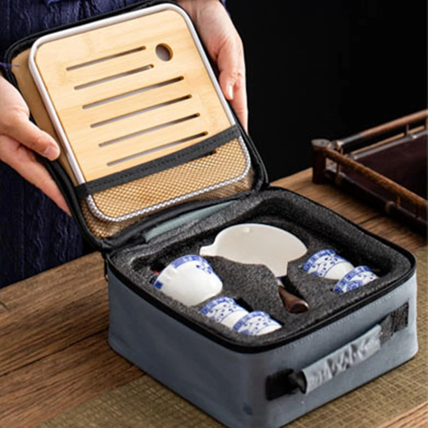 fanquare Blue and White Porcelain Portable Travel Tea Set, Handmade Kungfu Tea S