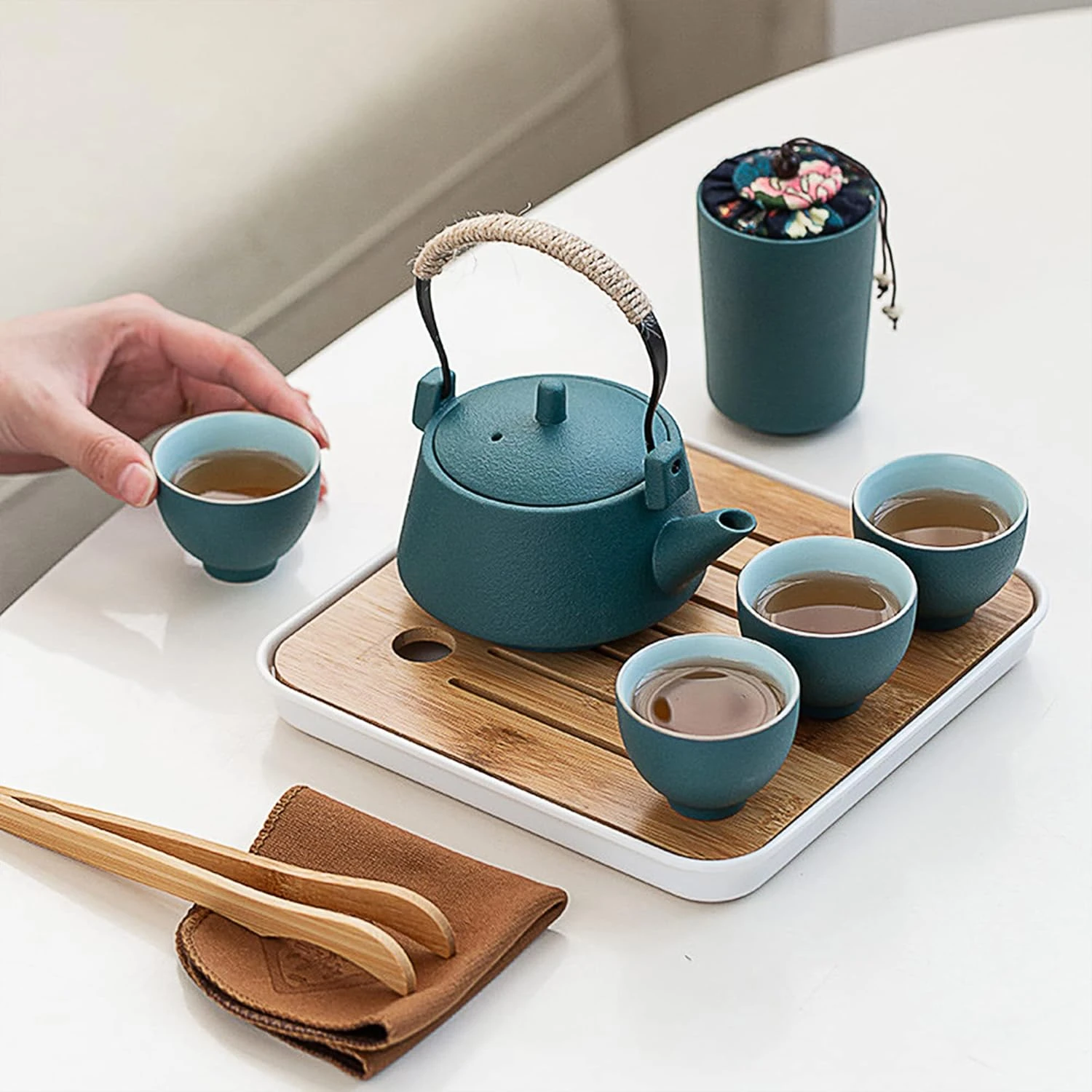 fanquare Japanese Green Kungfu Tea Set, Chinese Portable Tea Set with Tray, Porc