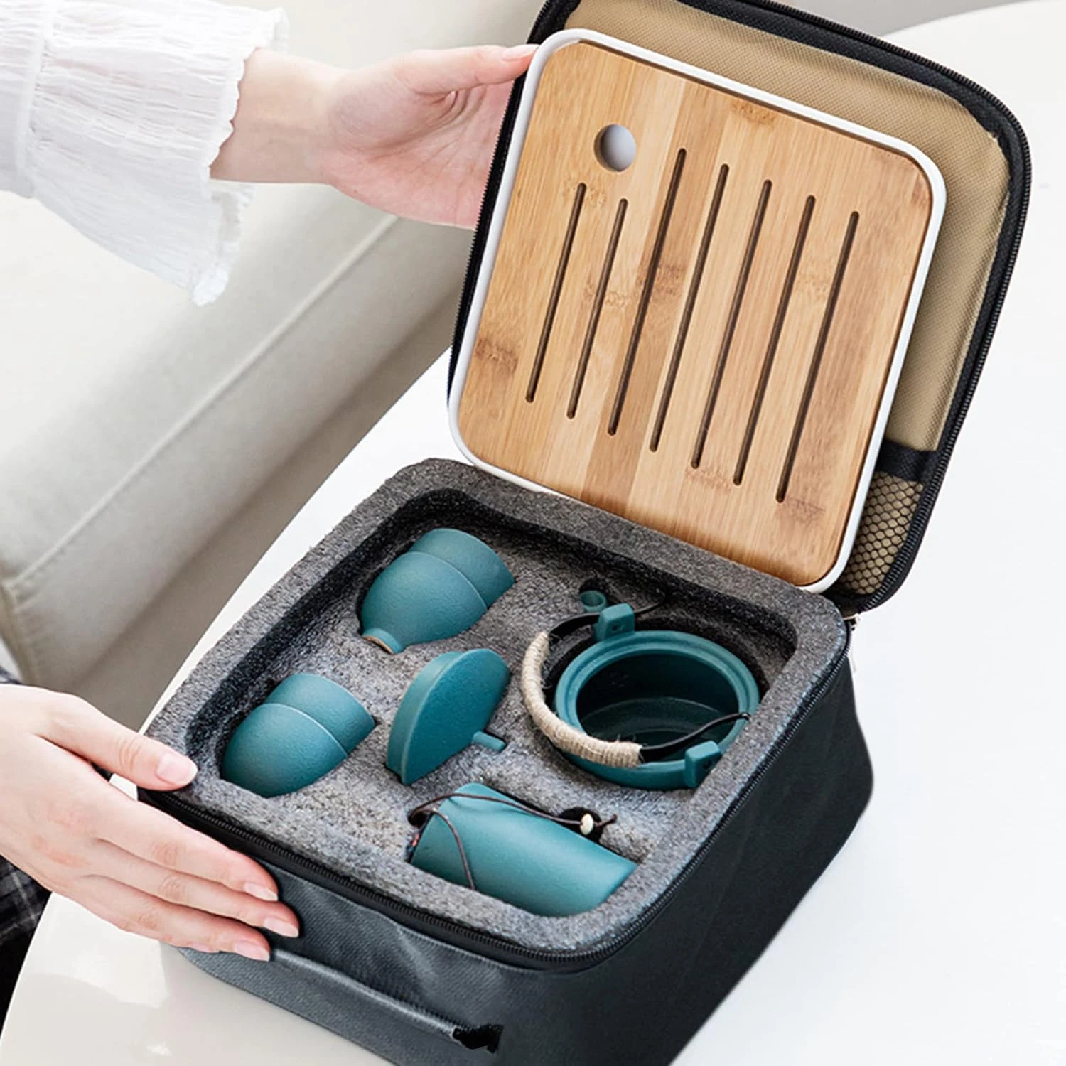 fanquare Japanese Green Kungfu Tea Set, Chinese Portable Tea Set with Tray, Porc