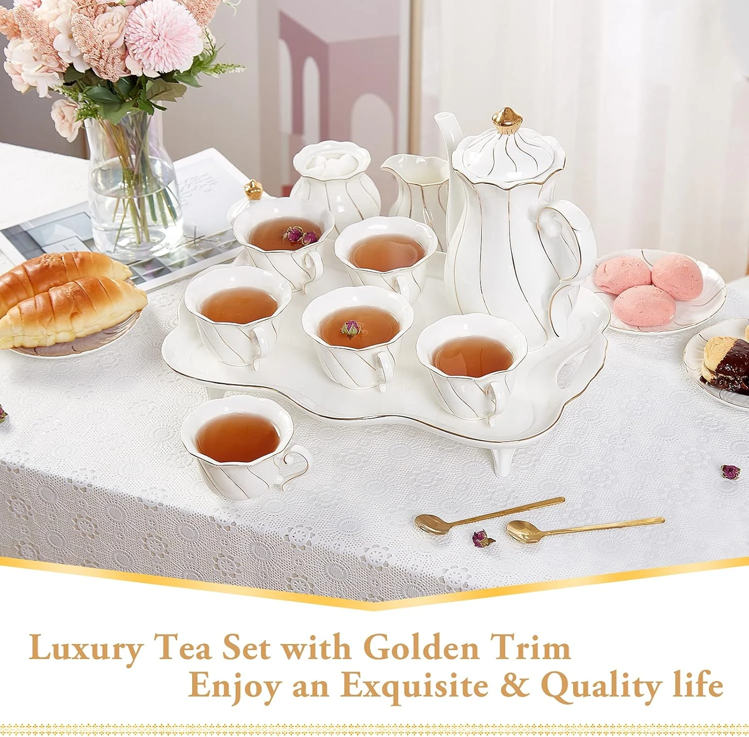 DUJUST 14 pcs Tea Set for 6 with Tea Tray & Spoons, Luxury British Style Tea/Cof