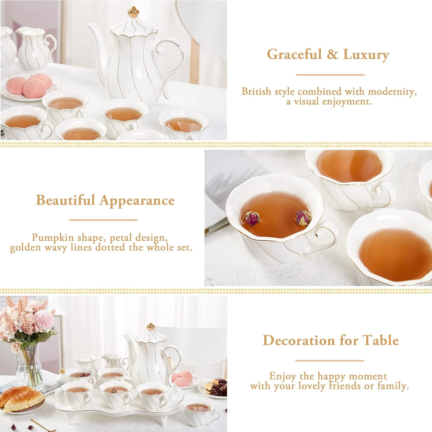 DUJUST 14 pcs Tea Set for 6 with Tea Tray & Spoons, Luxury British Style Tea/Cof