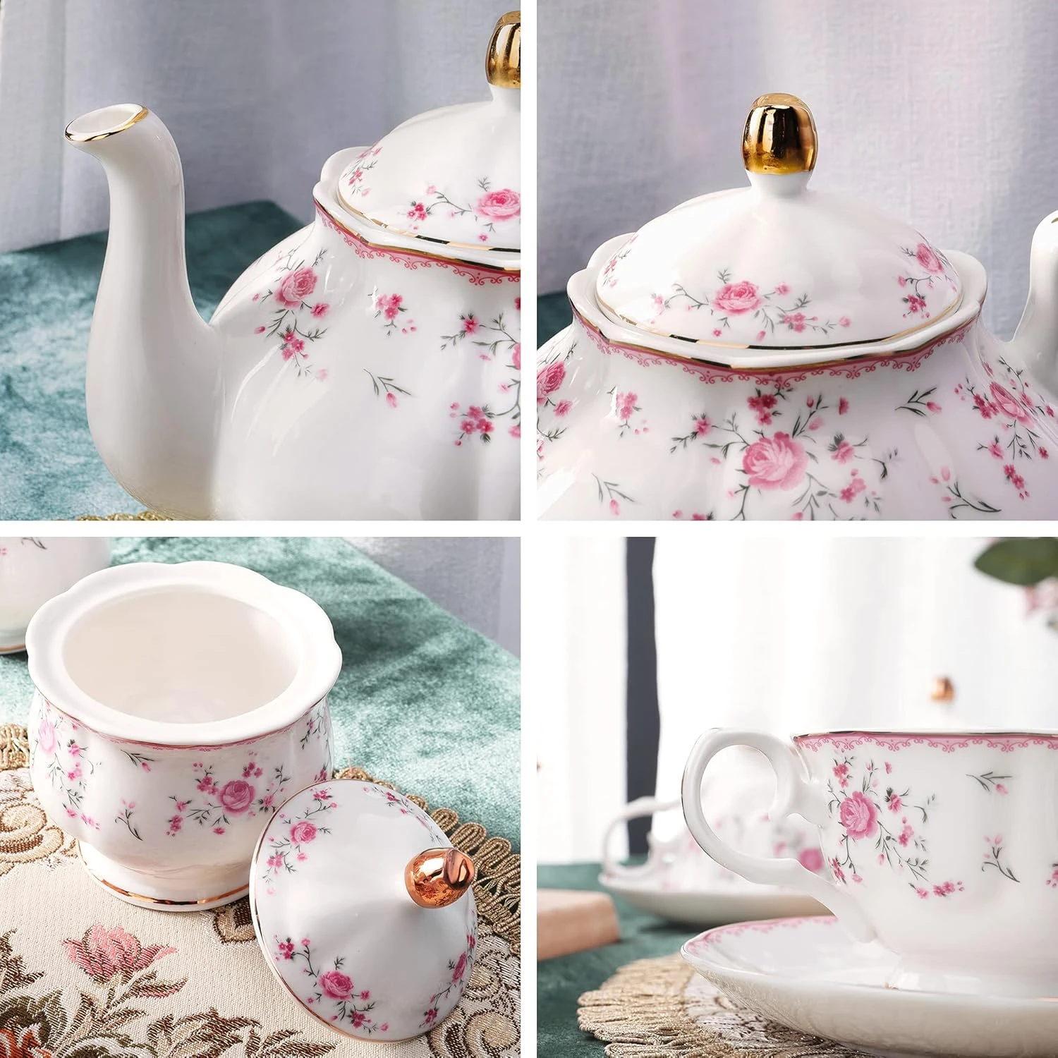 fanquare Porcelain Tea Set, Cup and Saucer Set, 6 Person Tea Set, Wedding Teapot