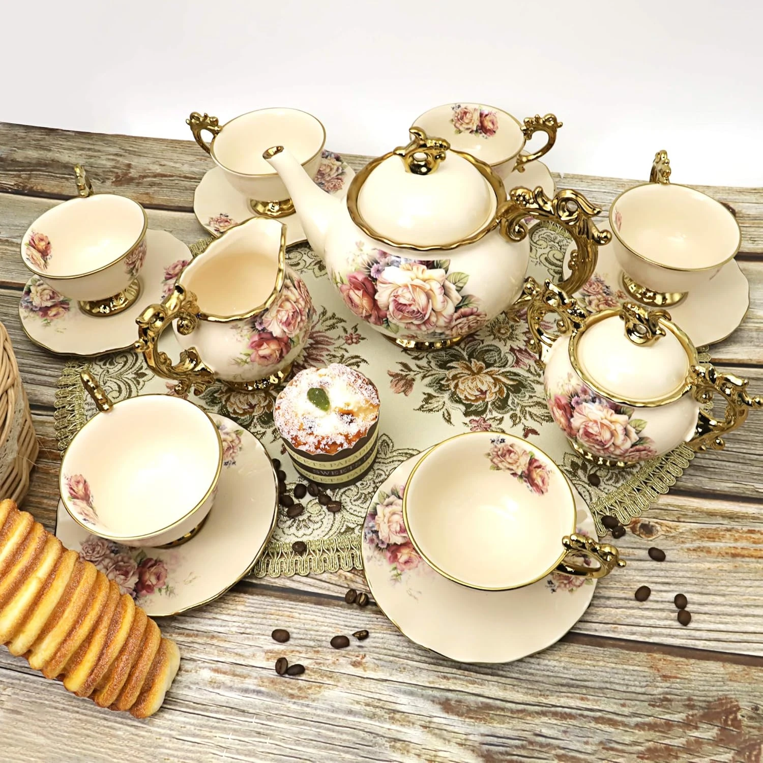 fanquare 15 Pieces British Porcelain Tea Set, Floral Vintage China Coffee Set, W