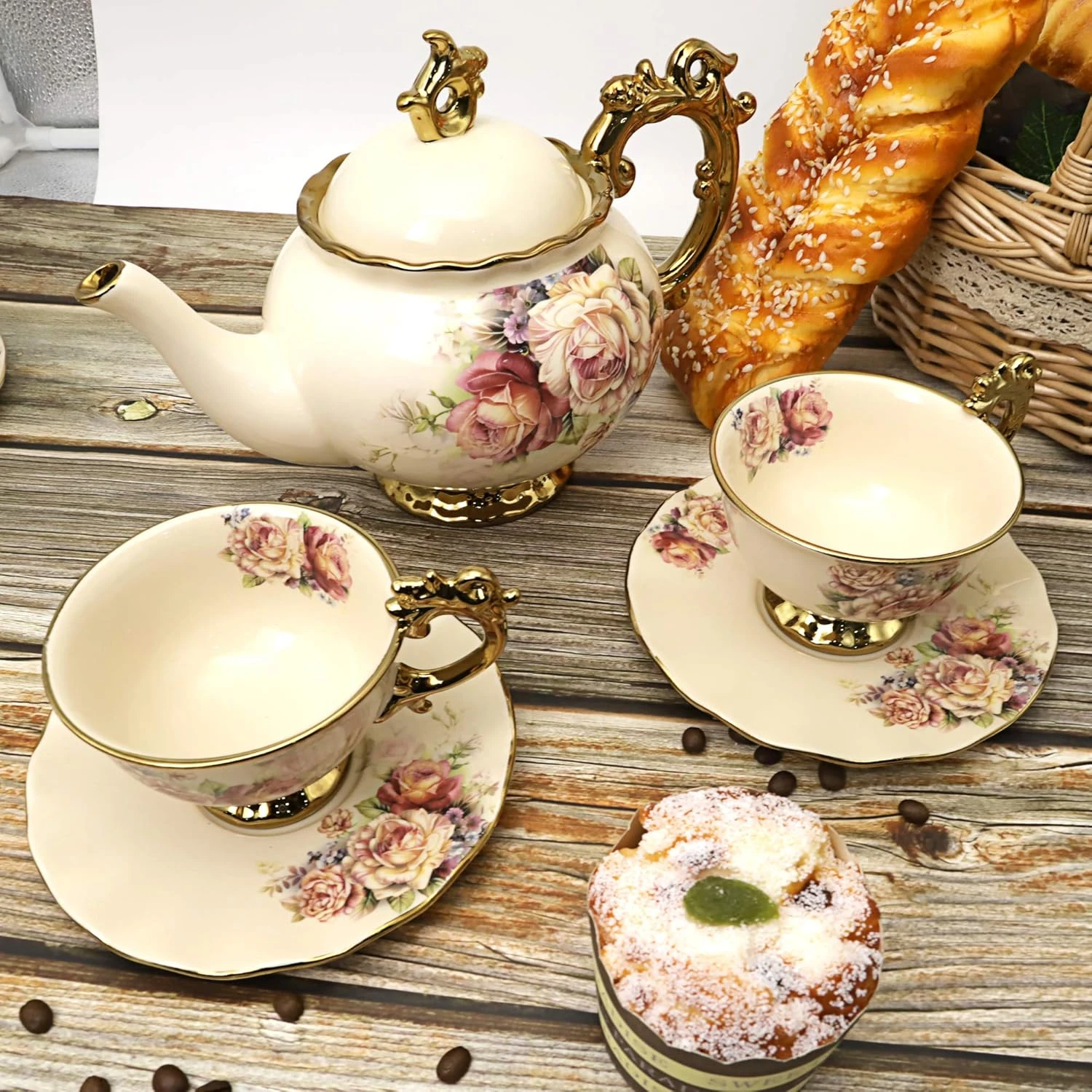 fanquare 15 Pieces British Porcelain Tea Set, Floral Vintage China Coffee Set, W