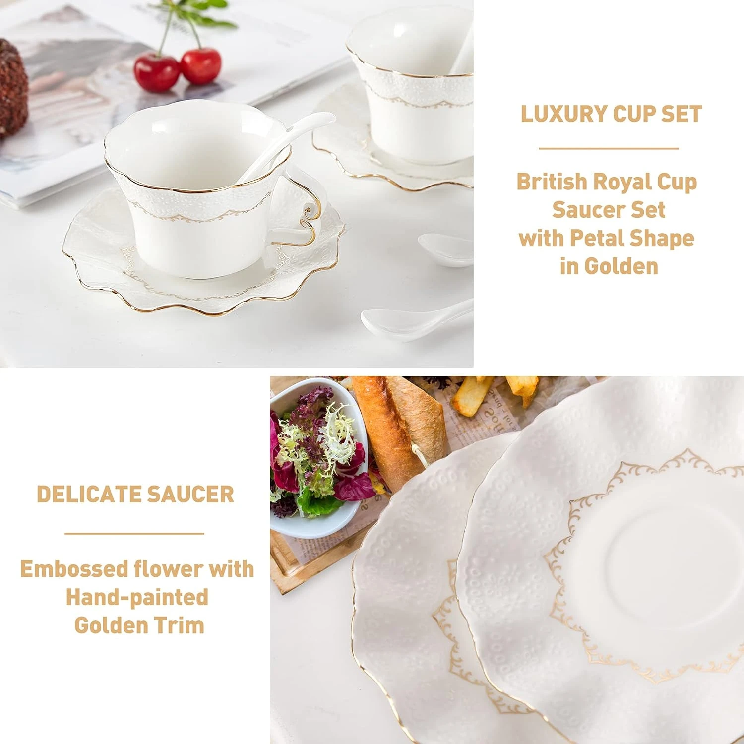 DUJUST Tea Cups and Saucers with Golden Trim,Set of 6 (8.5 OZ), Luxury Relief Pr
