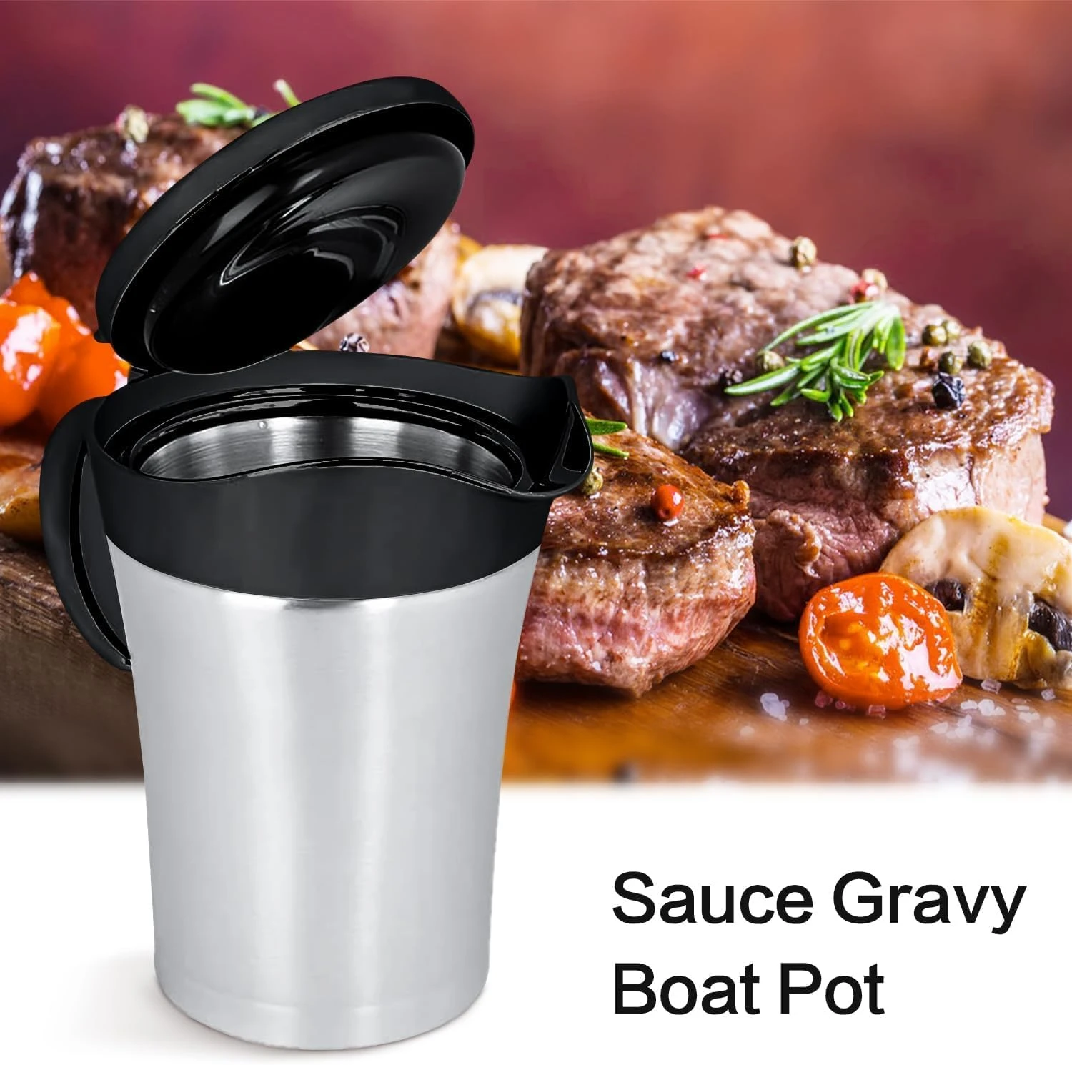 RAISLY Double Insulated Gravy Boat, Stainless Steel Gravy Sauce Jug with Hinged