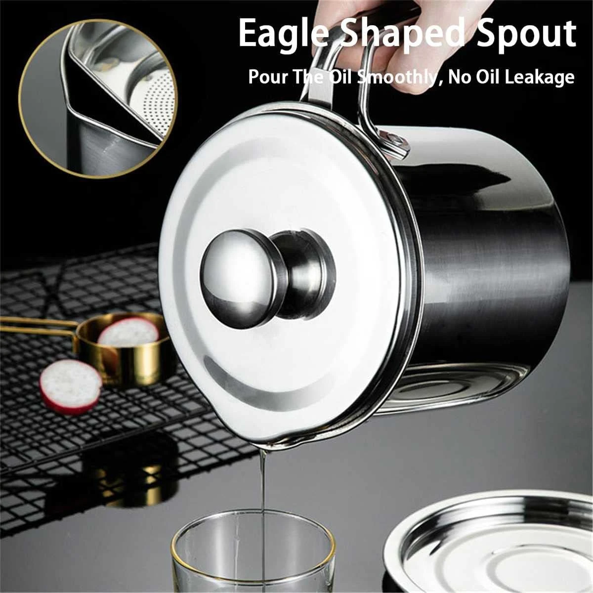 U-HOOME Stainless Steel Oil Filter Pot Oil Strainer, 1.8L Oil Storage Container