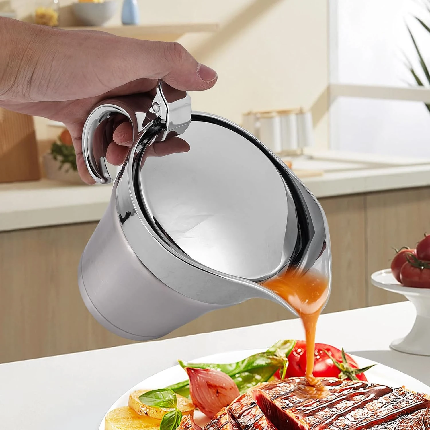 MEGYAD 500 ml Stainless Steel Thermal Gravy Boat: Gravy Boat Sauce Jug with Hing