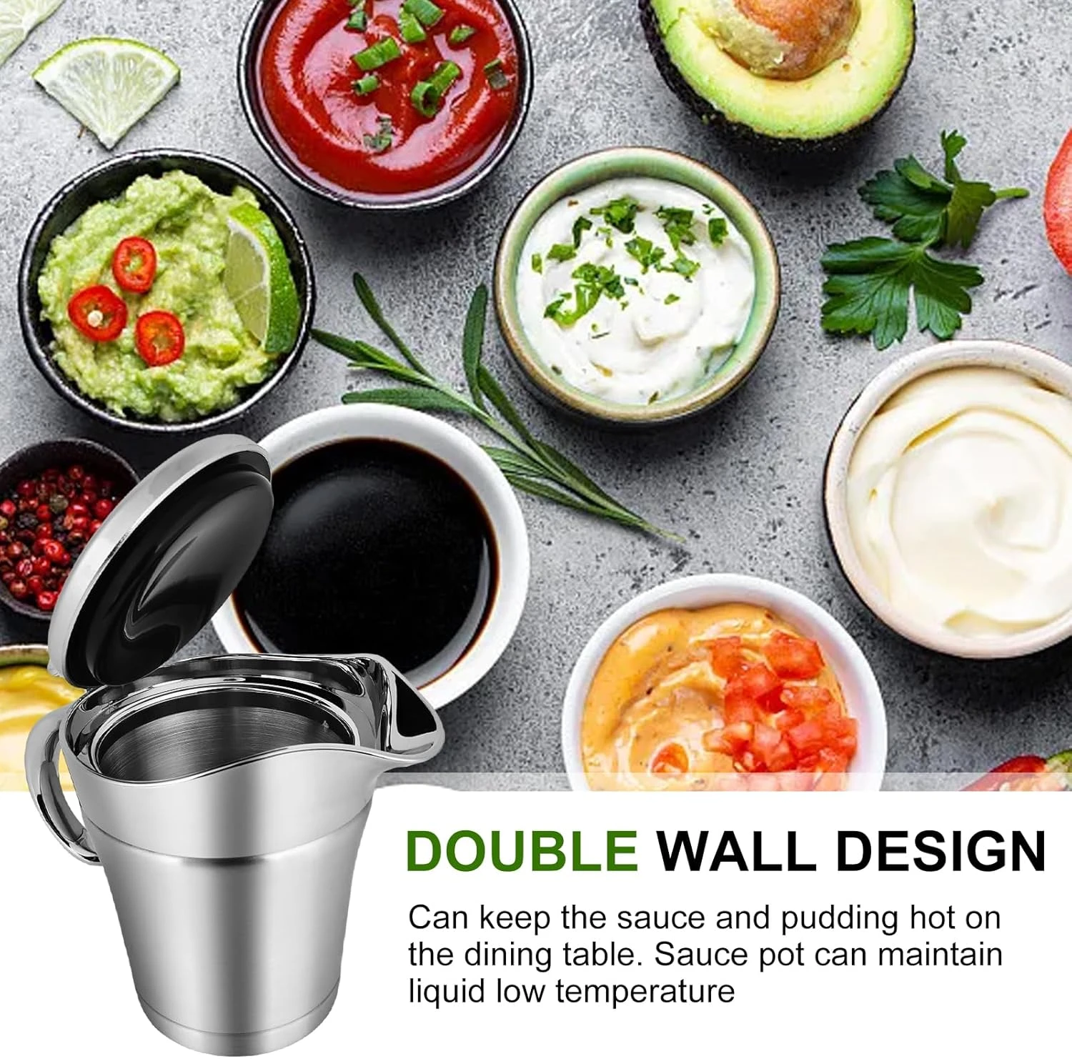 MEGYAD 500 ml Stainless Steel Thermal Gravy Boat: Gravy Boat Sauce Jug with Hing