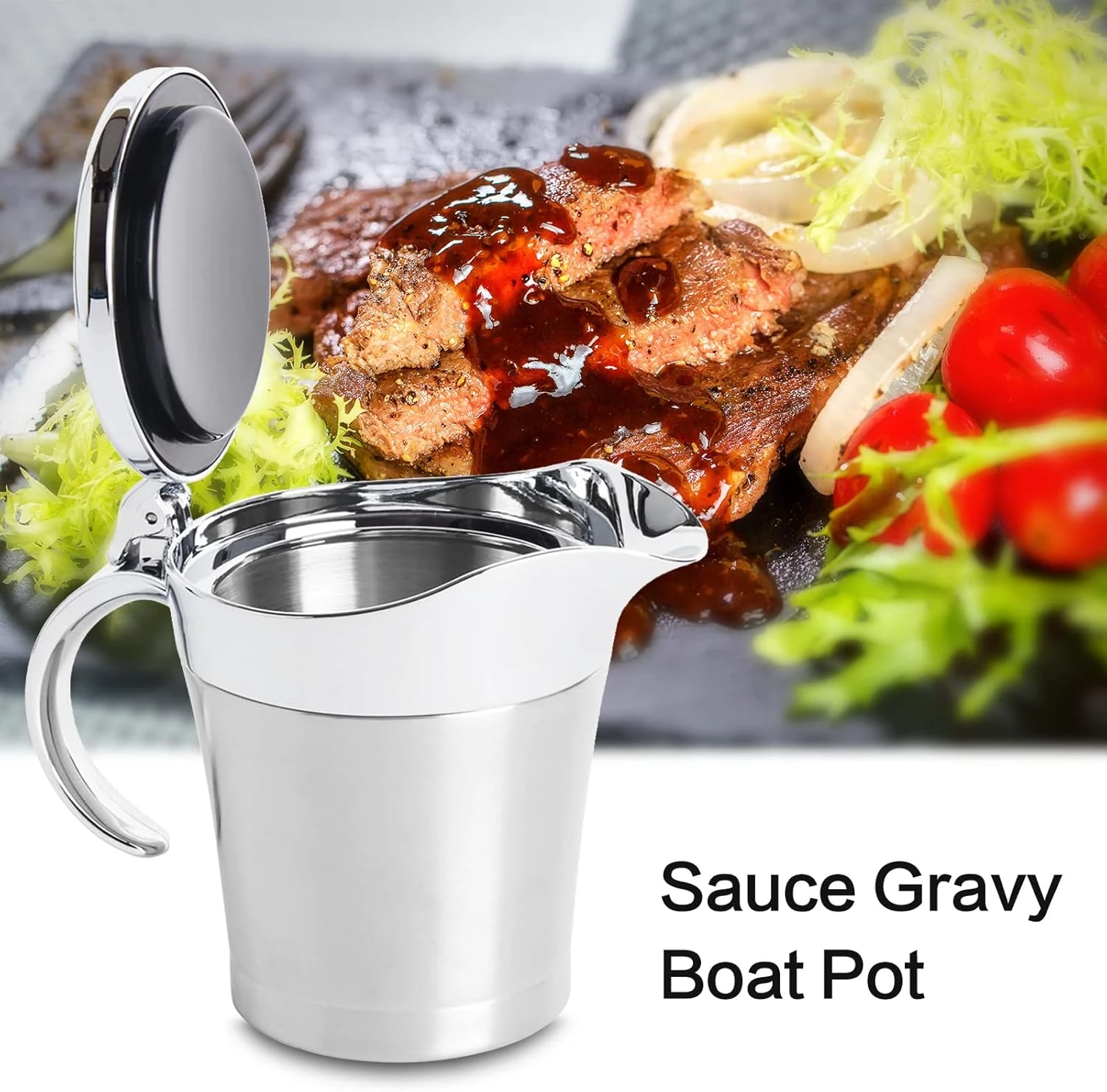 ISTOOLL Stainless Steel Gravy Boat, Double Insulated Gravy Sauce Jug with Hinged